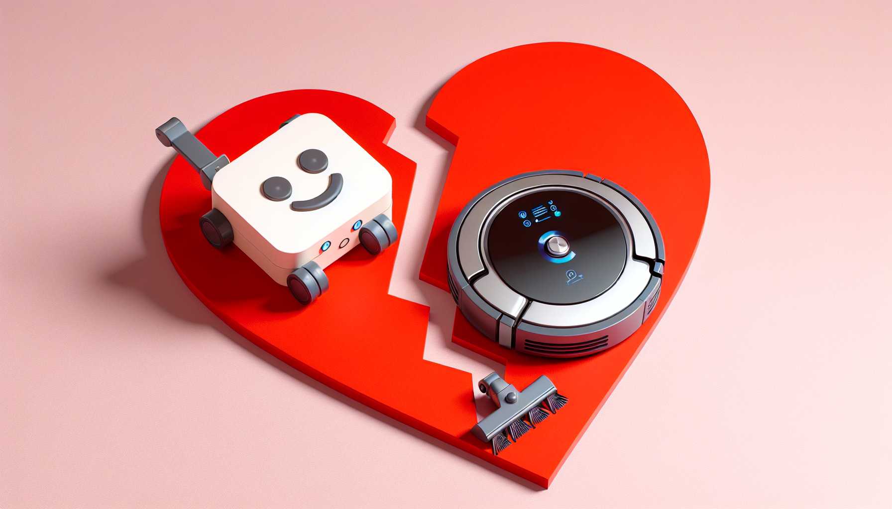 Amazon logo and iRobot Roomba vacuum on a fractured heart background signifying a failed merger