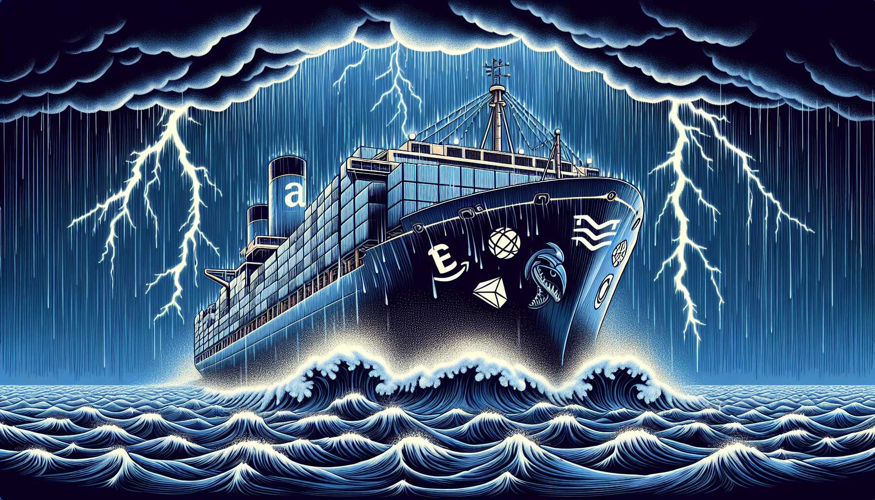 Illustration of a sinking ship with Amazon and iRobot logos amidst stormy regulatory waters