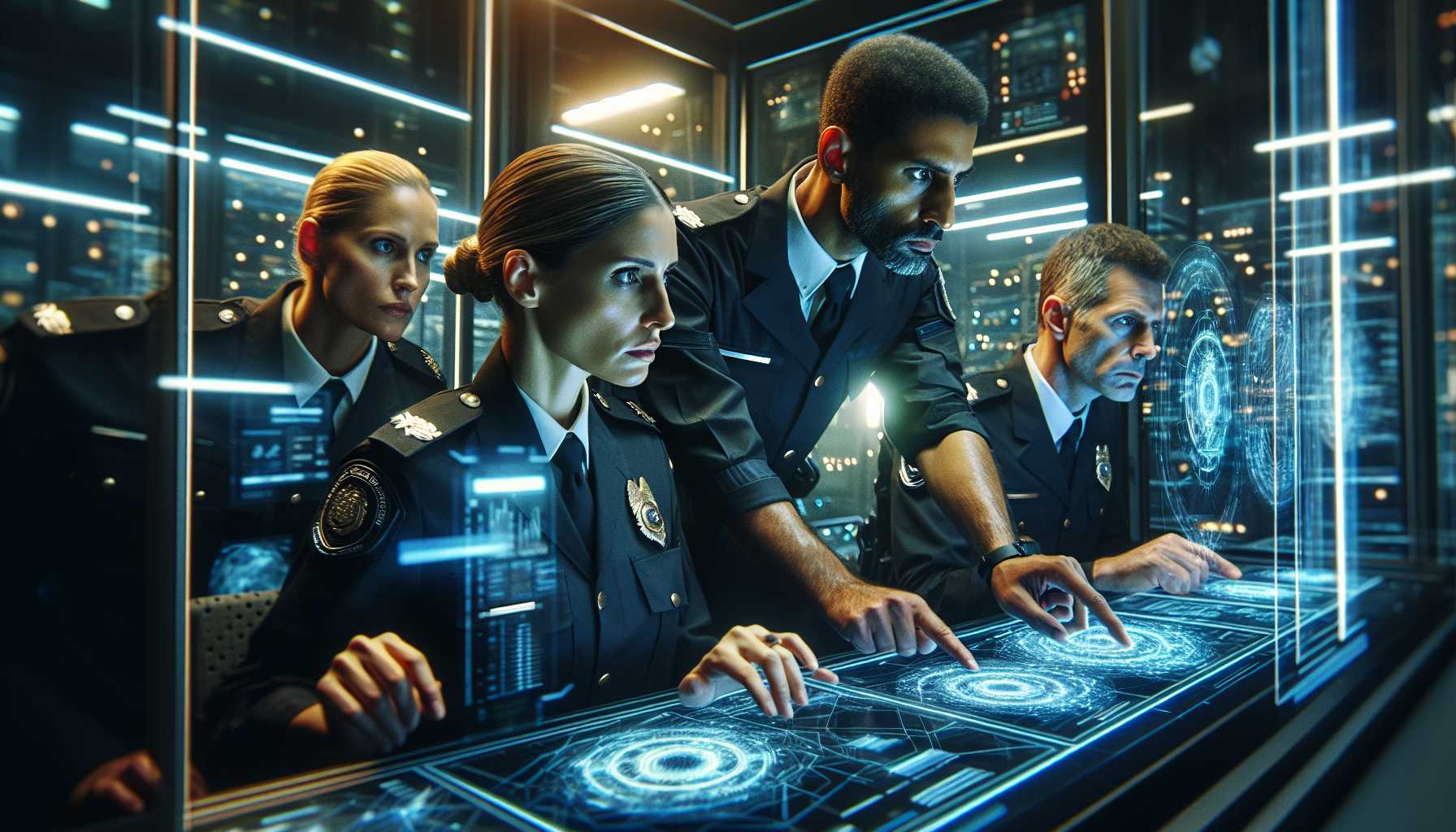 police officers analyzing data on a futuristic AI interface