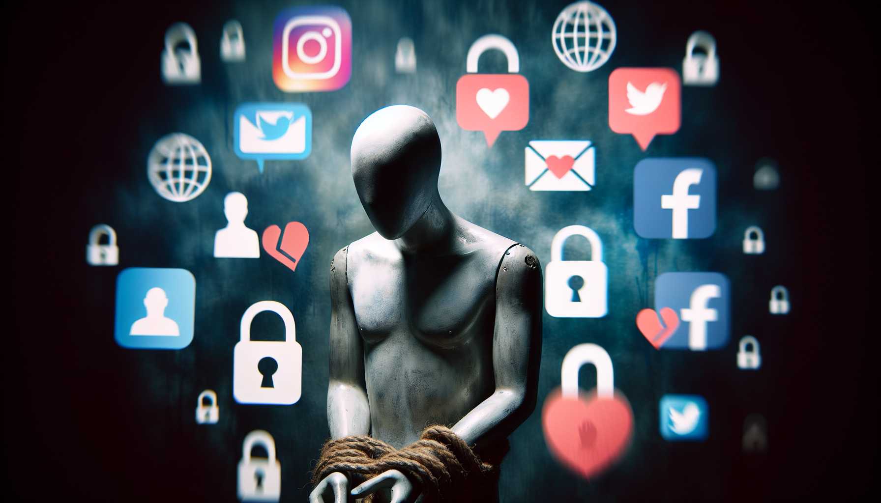 a sad, faceless mannequin symbolizing identity theft surrounded by social media logos