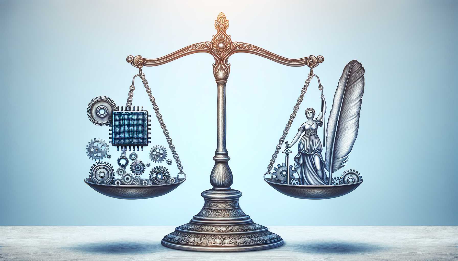 a scale of justice tipped evenly with technology and ethics weights on either side