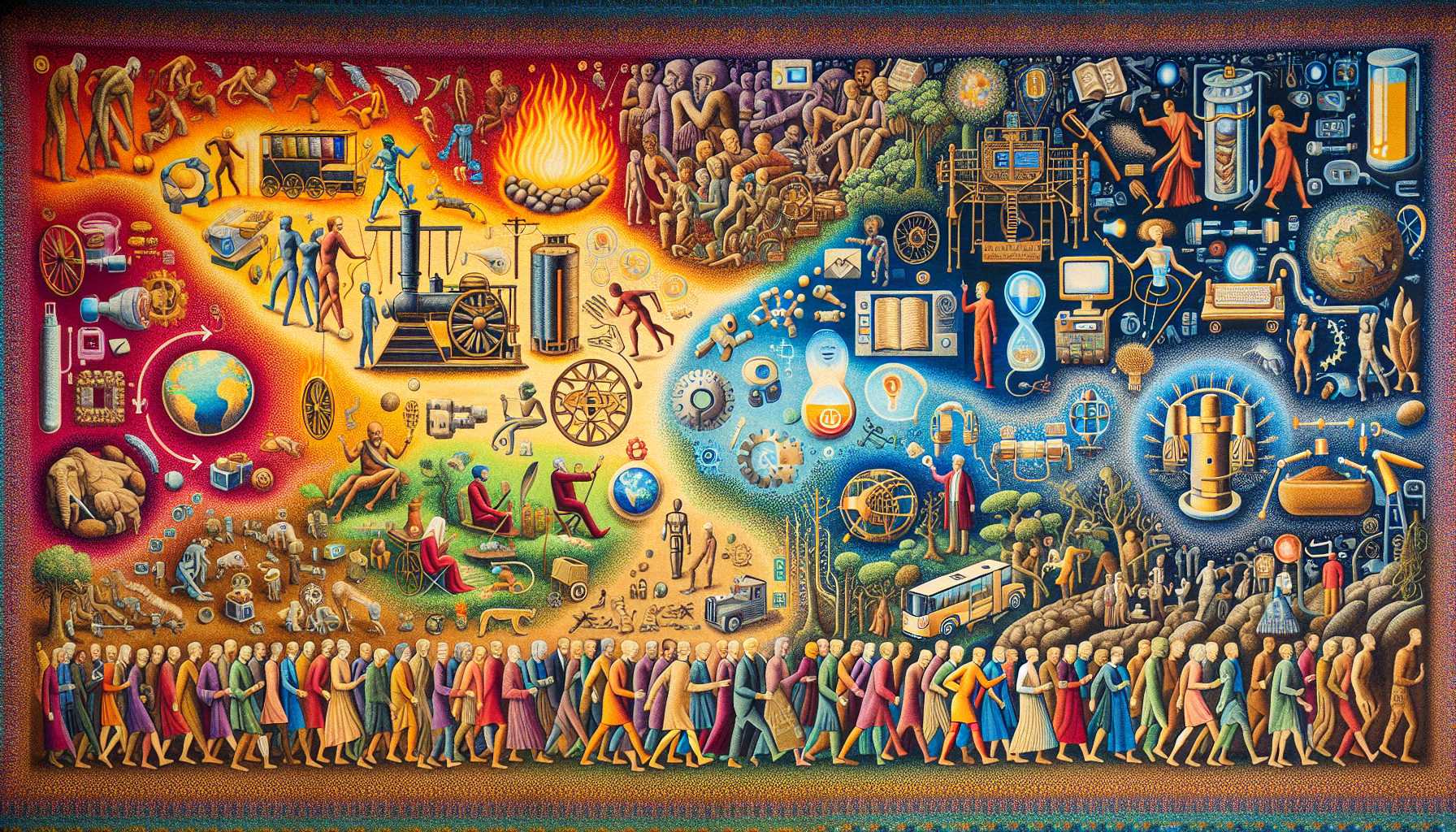 a tapestry with imagery of technological advancement and human values interwoven together