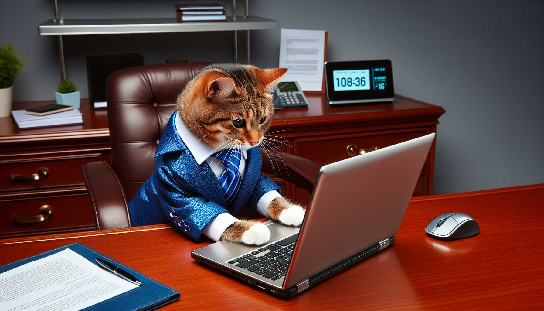 a happy cat wearing a business suit and sitting at a desk, using a laptop