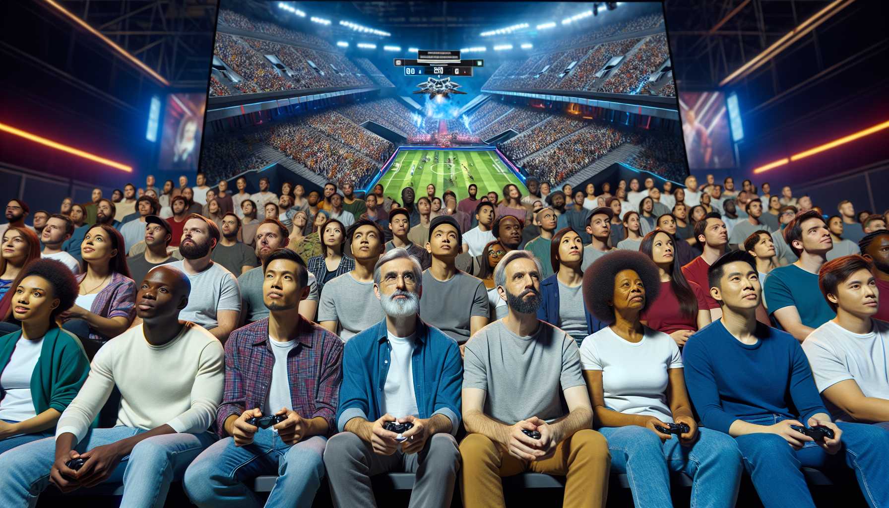 a group of people sitting in a stadium watching a video game tournament