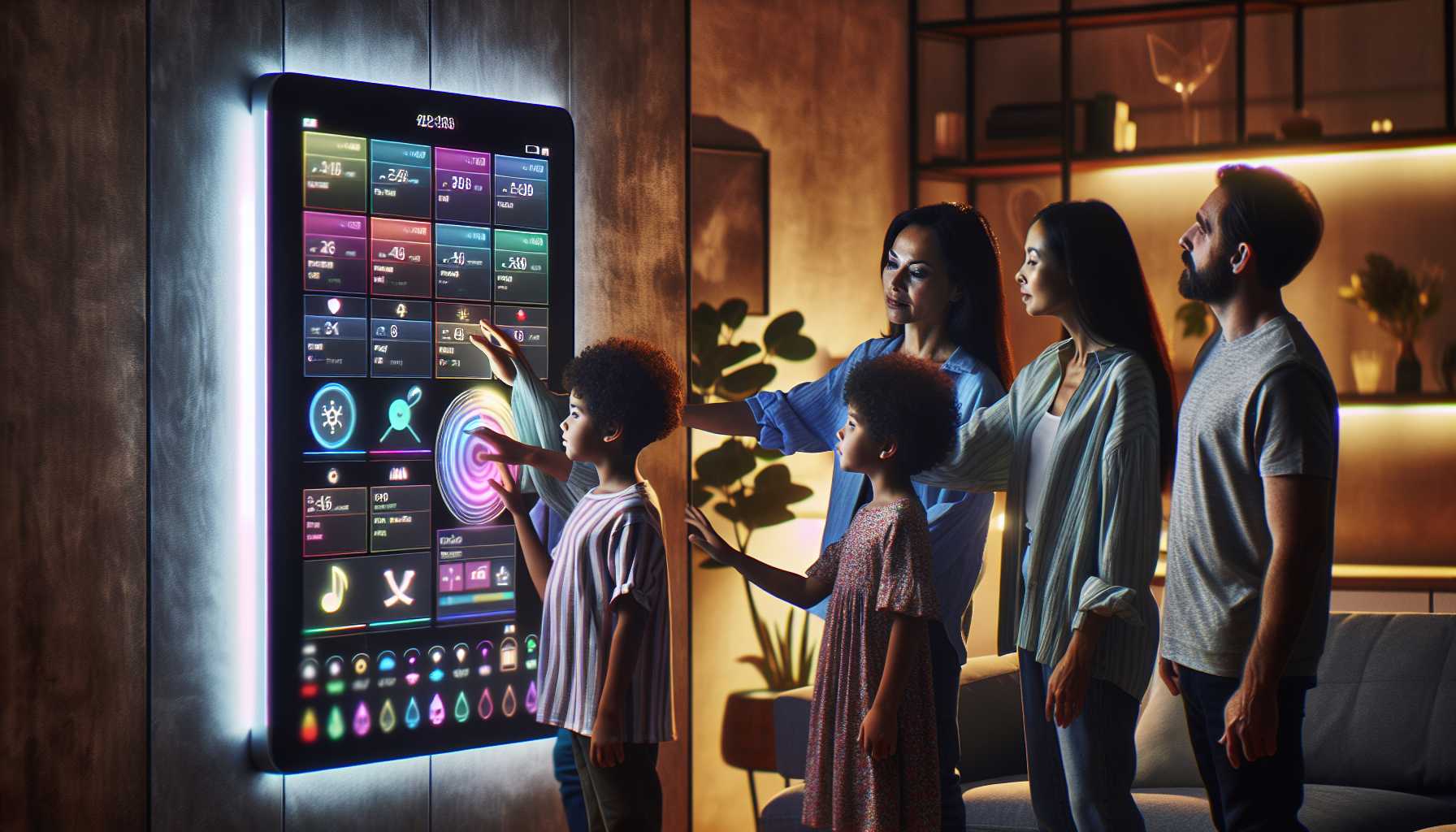 family interacting with a large digital smart calendar on the wall