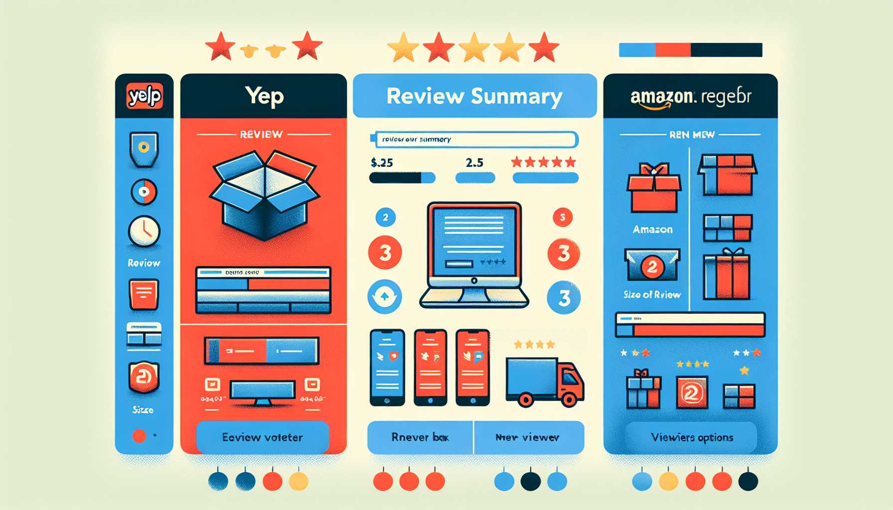 comparison of Yelp, Amazon, and Newegg review summary features