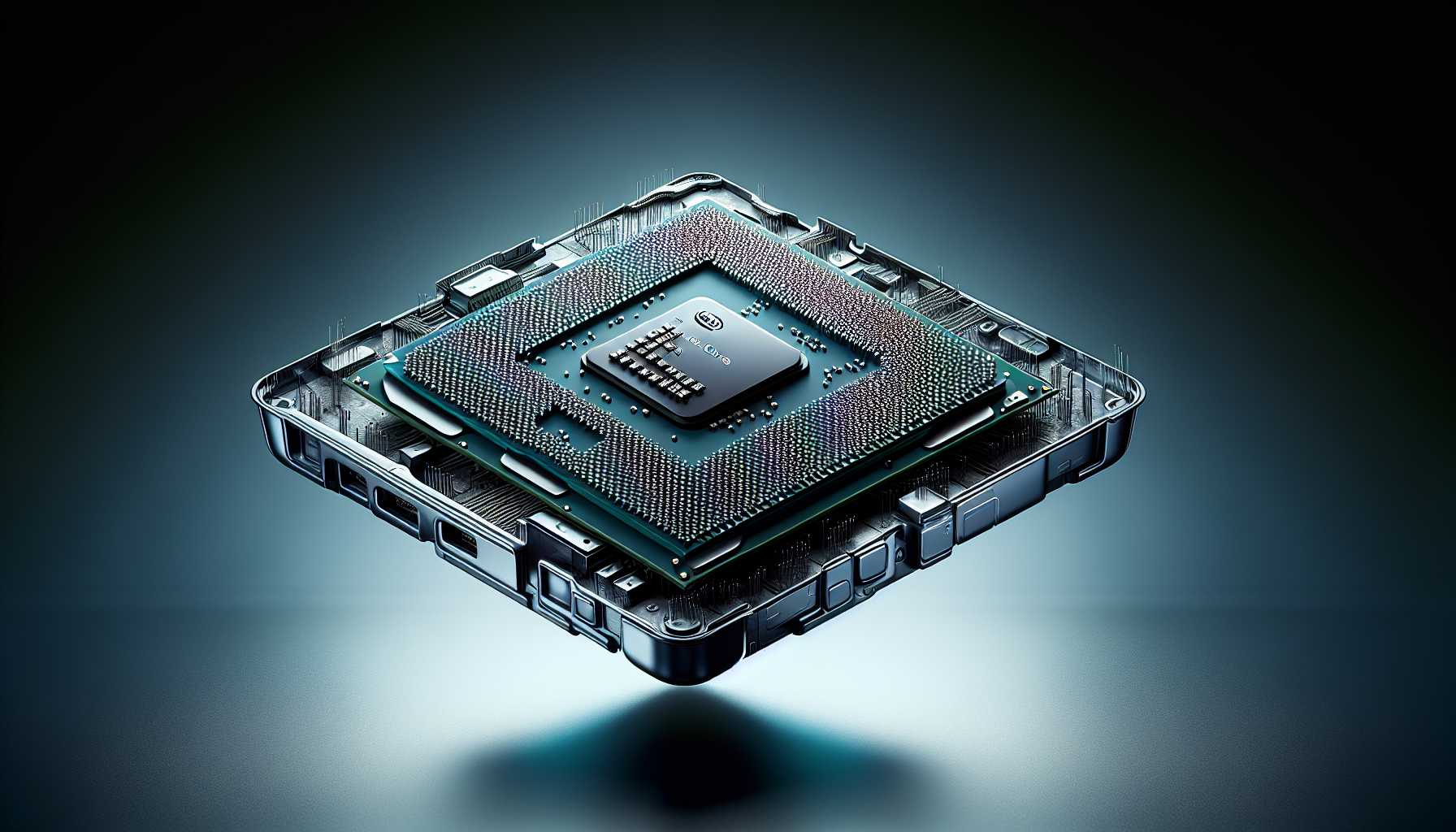 a powerful Intel Core Ultra processor against the backdrop of a small handheld device