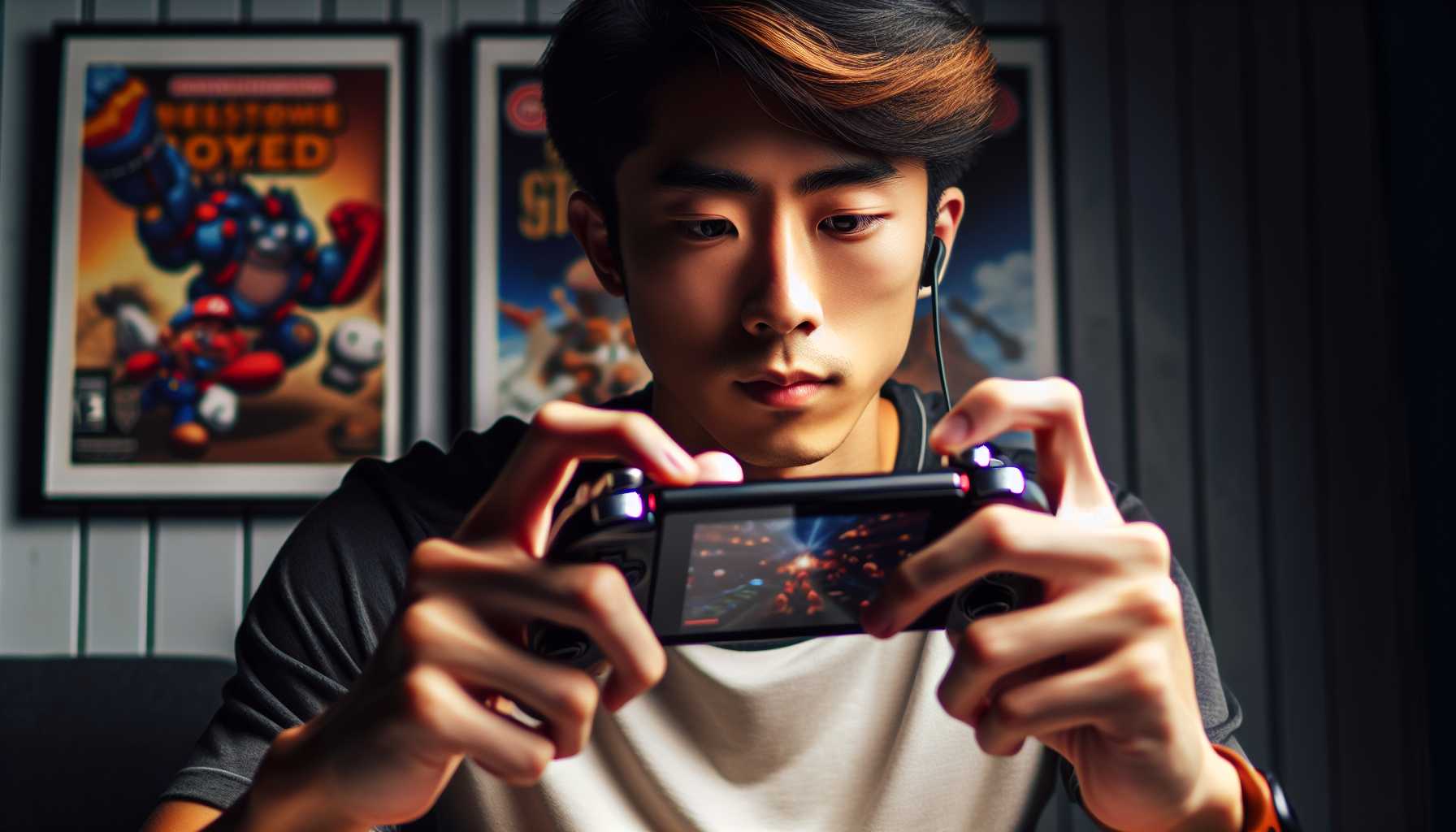 a gamer holding a sleek, ergonomic handheld gaming device comfortably