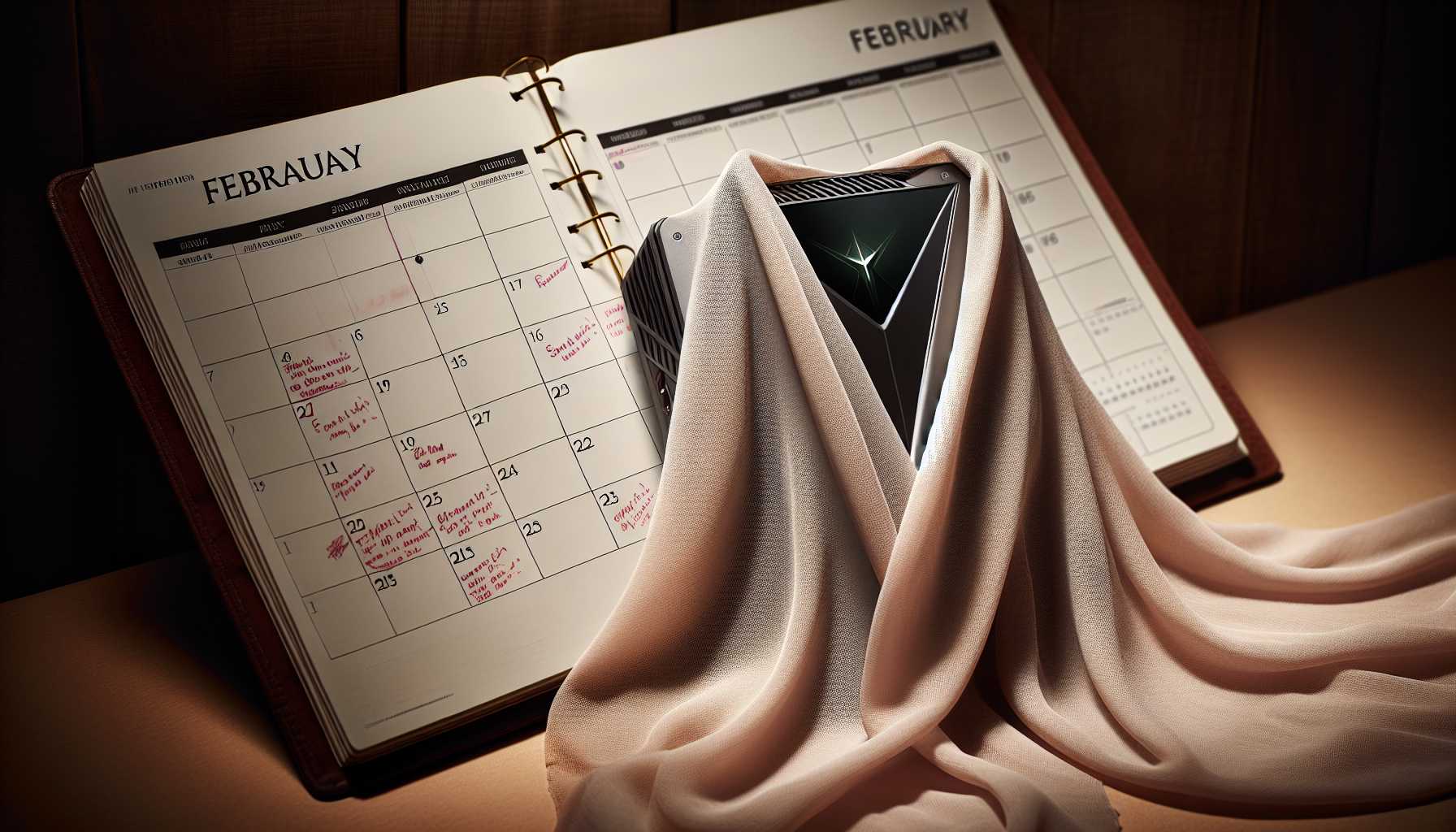 a mysterious, unreleased handheld gaming PC covered by a veil, with a calendar marked on February and March in the background