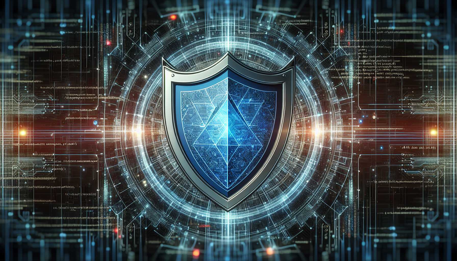 cybersecurity shield icon shining over a complex code background