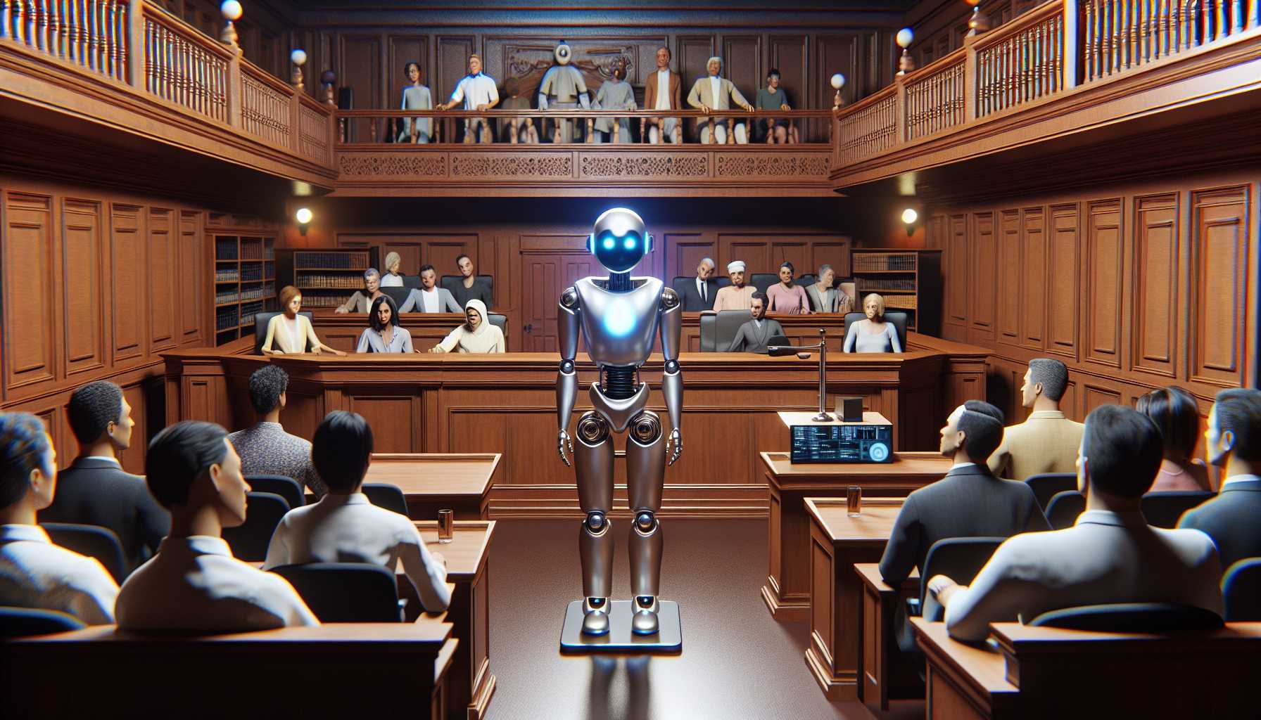 AI Chatbot depicted as a robot in a courtroom setting