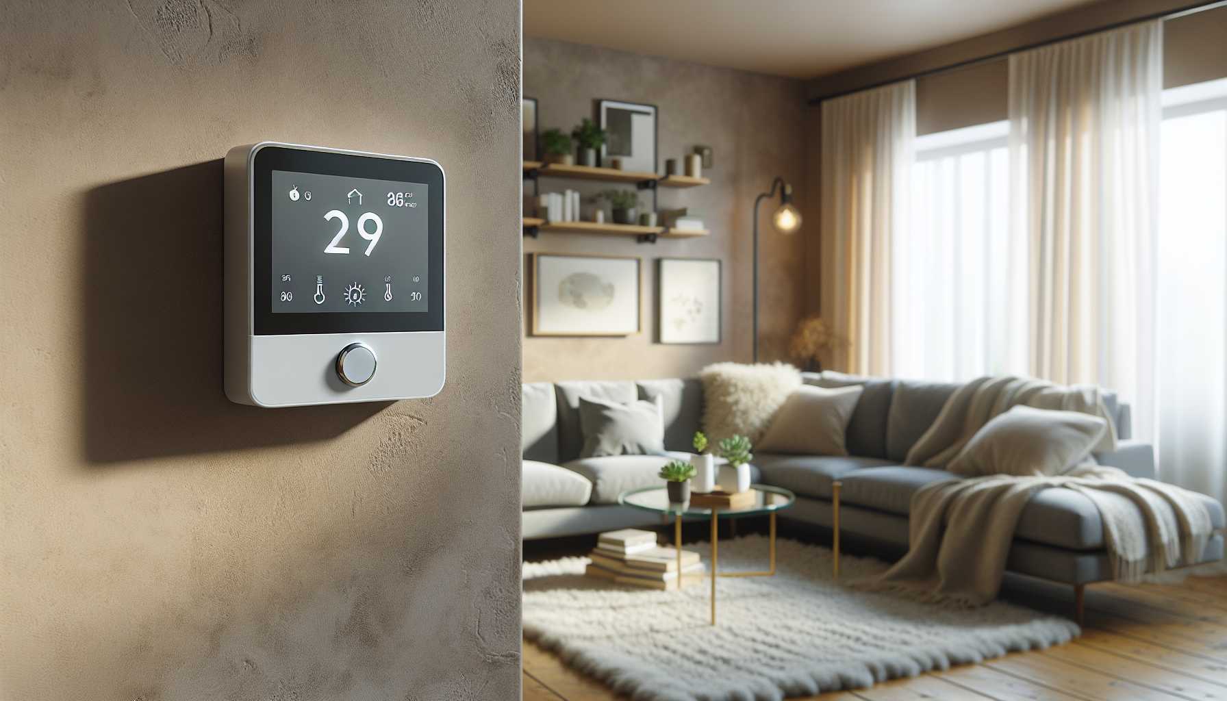 a smart thermostat installed on a wall in a living room