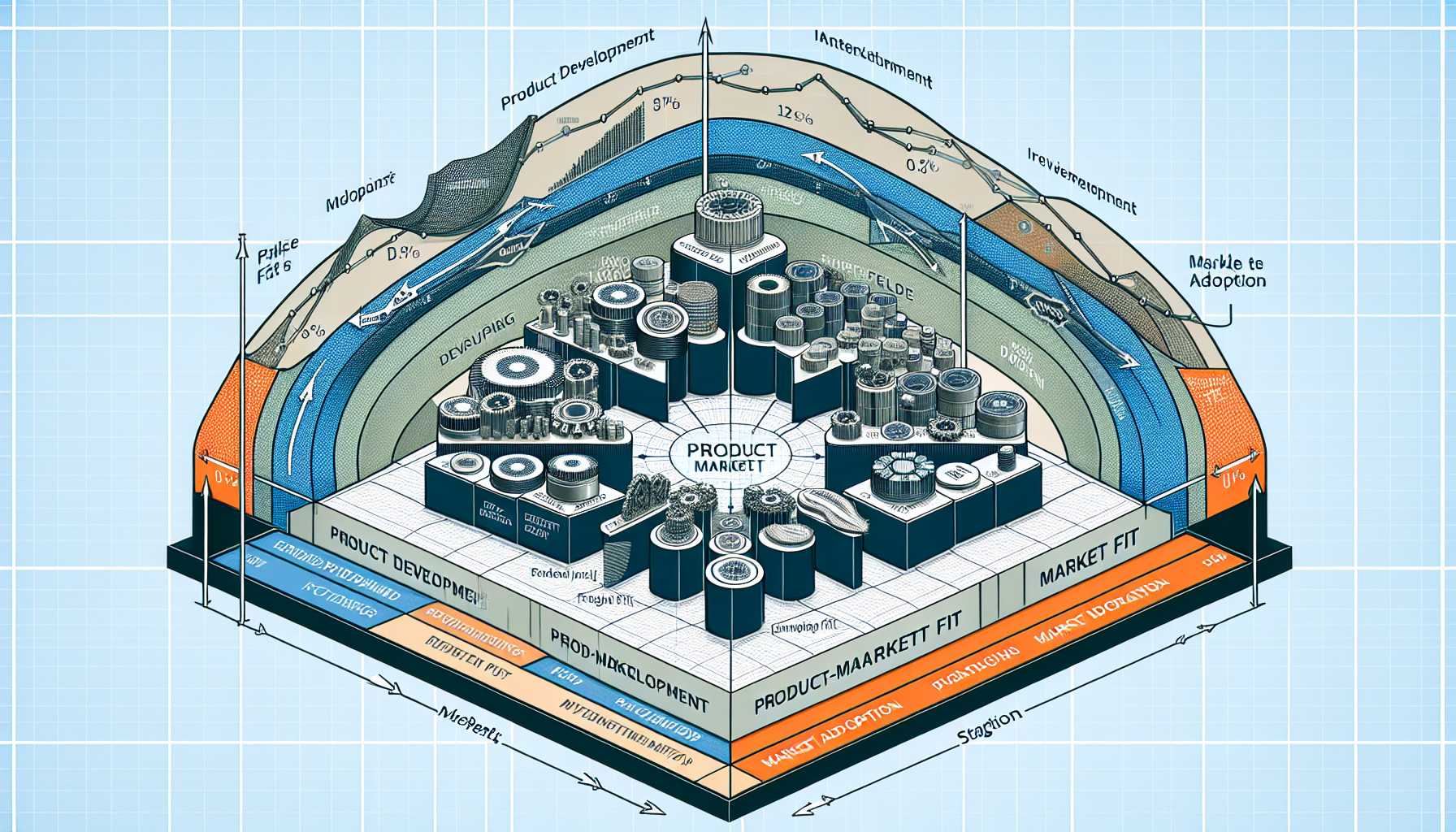 a conceptual graph showing the intersection point of product development stages and market adoption curves to represent product-market fit