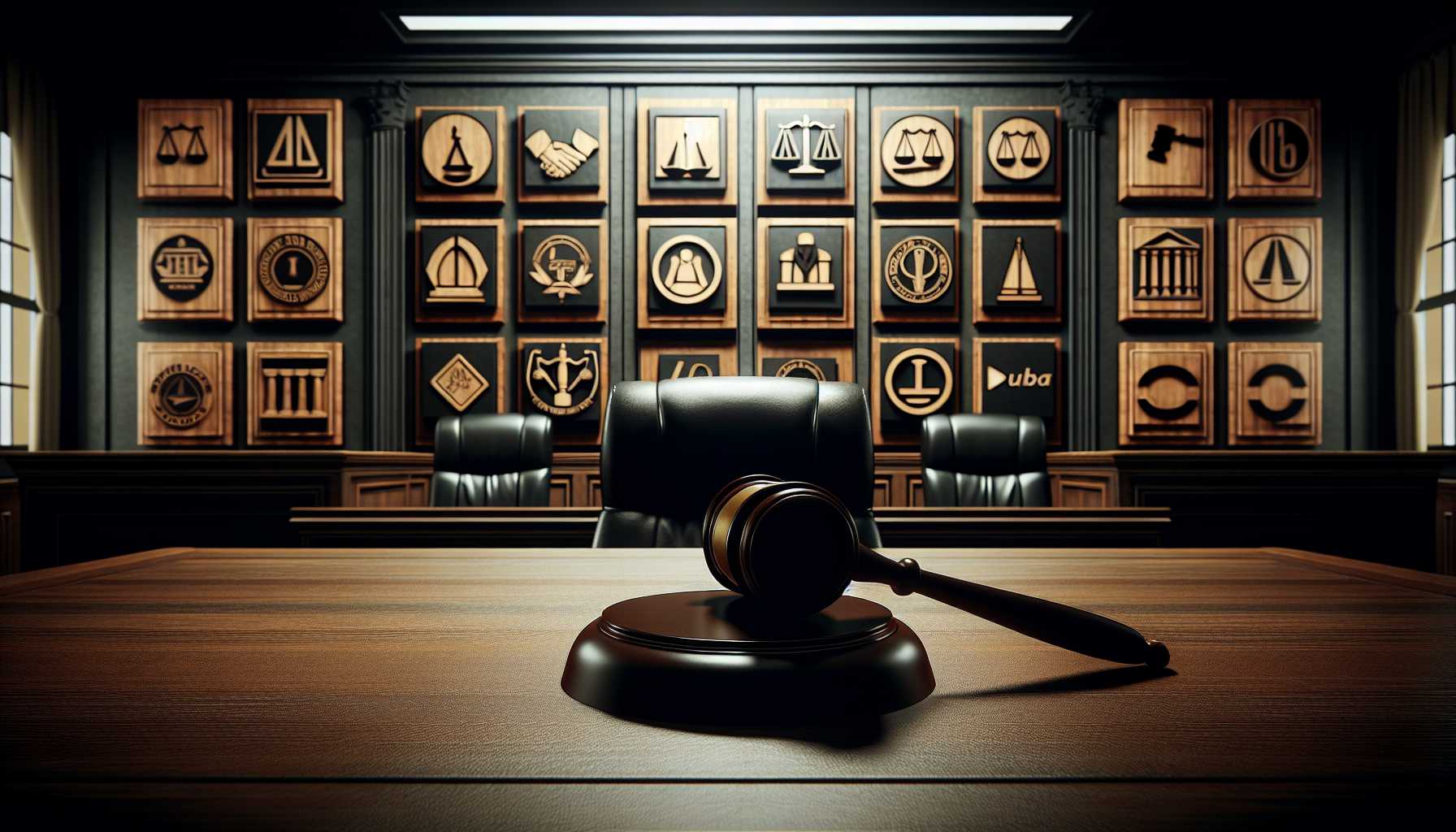 a courtroom with a gavel and corporate logos