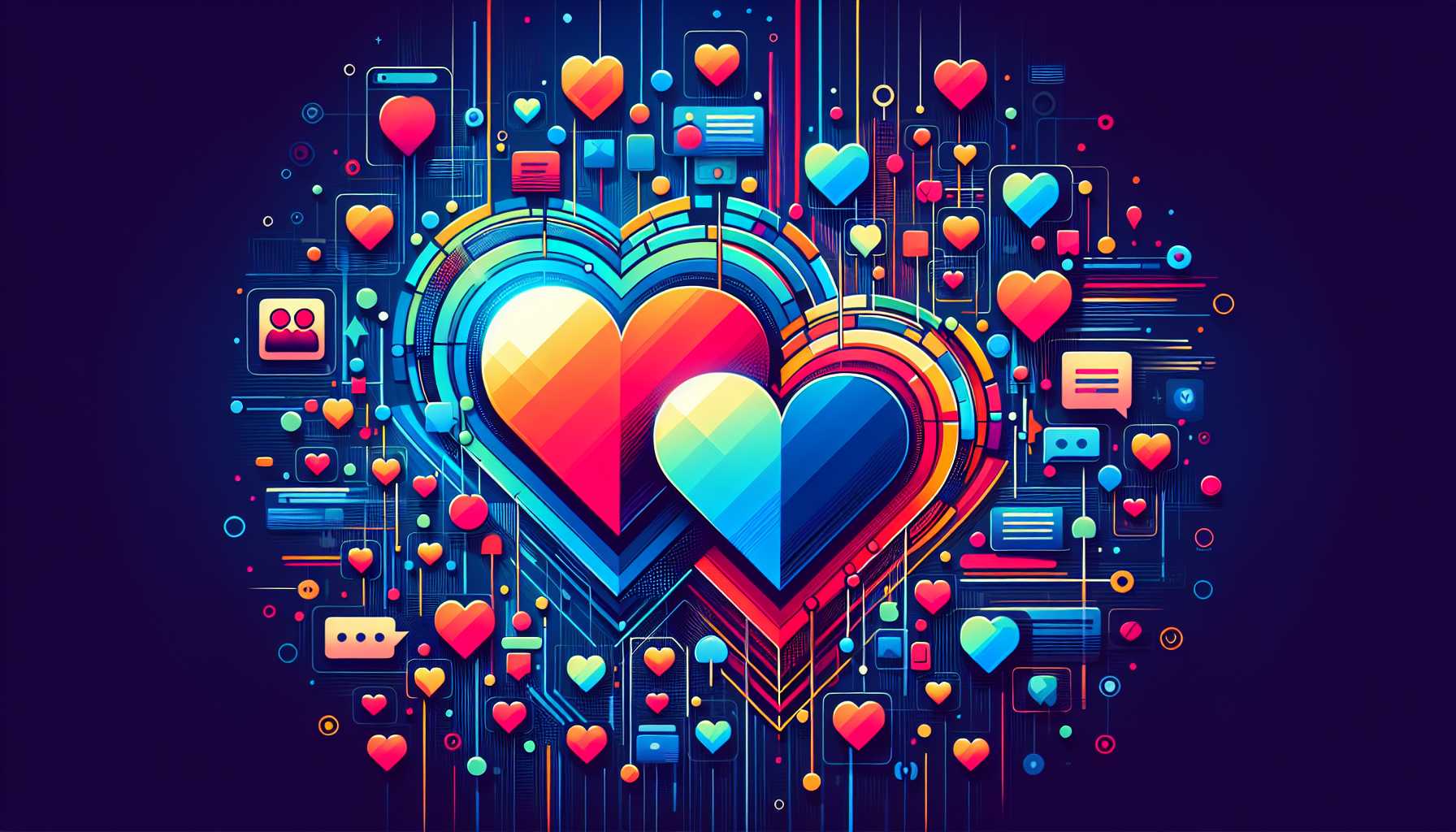 bi-colored hearts intertwined over a background of dating app interfaces