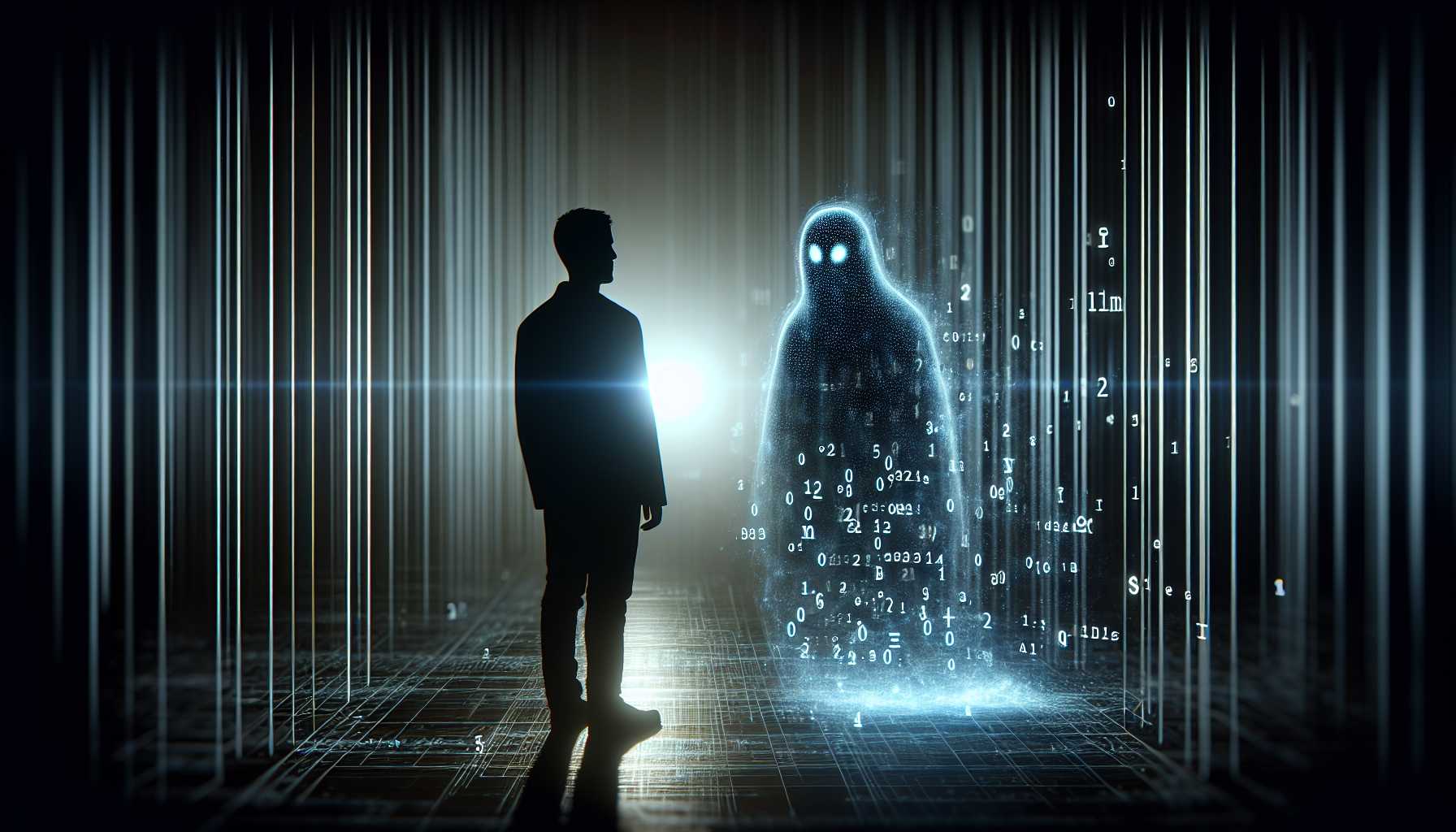 a silhouetted figure conversing with a digital ghost made of code