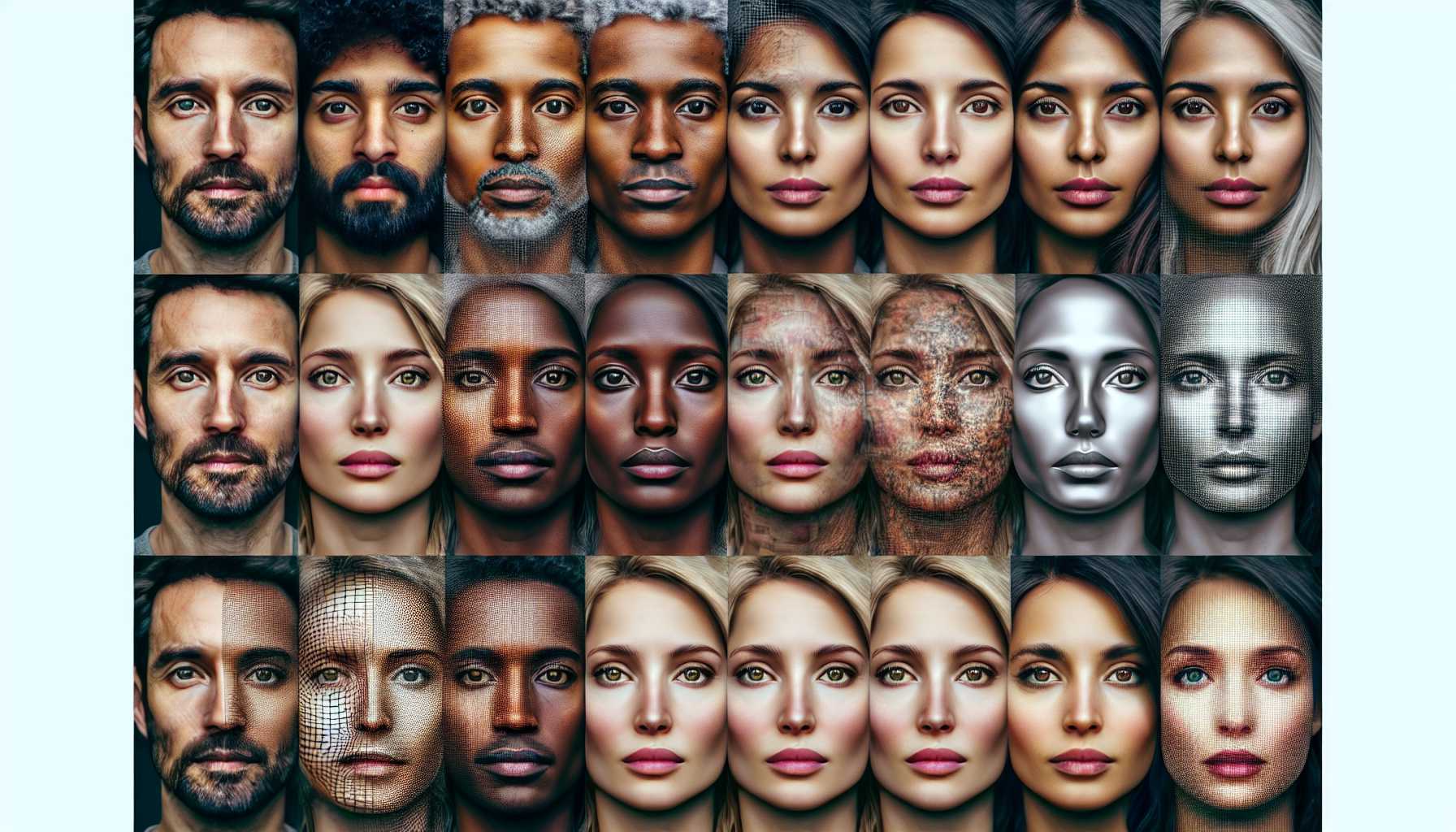 a collage of real and computer-generated faces representing deepfakes