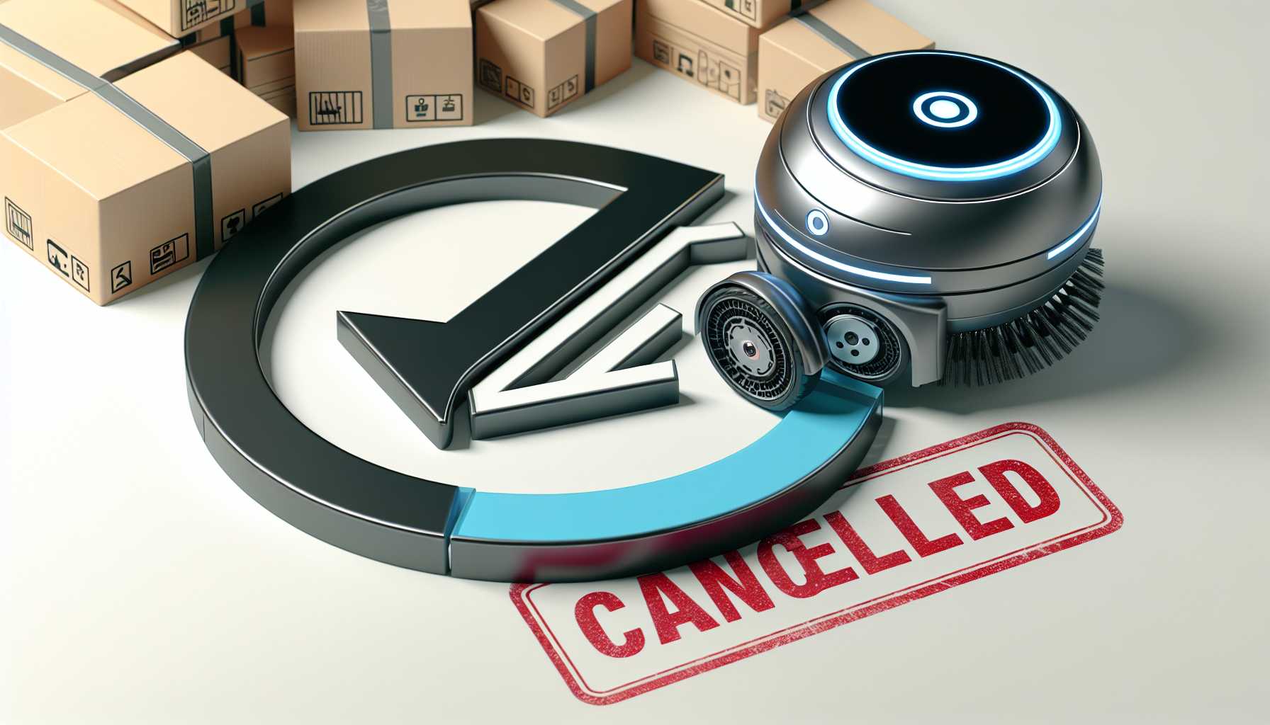 Amazon logo and iRobot Roomba vacuum with a 'cancelled' stamp