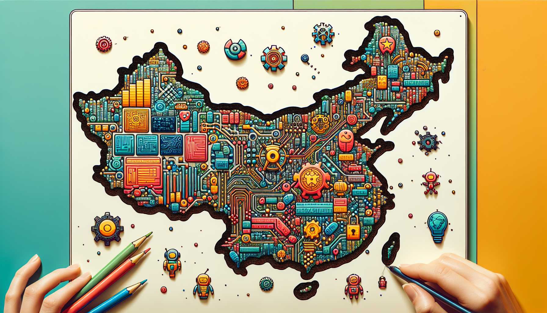 China map with icons of AI and technology