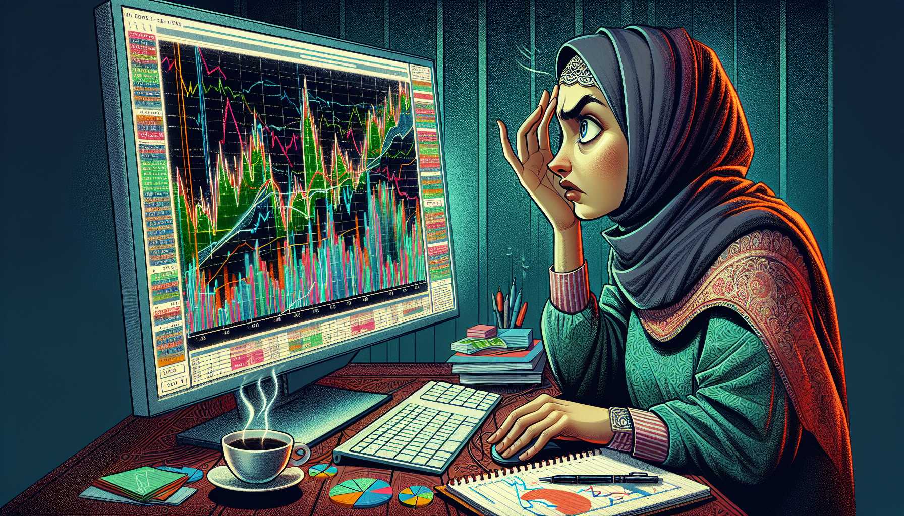 investor looking at a stock market graph on a computer with a look of confusion