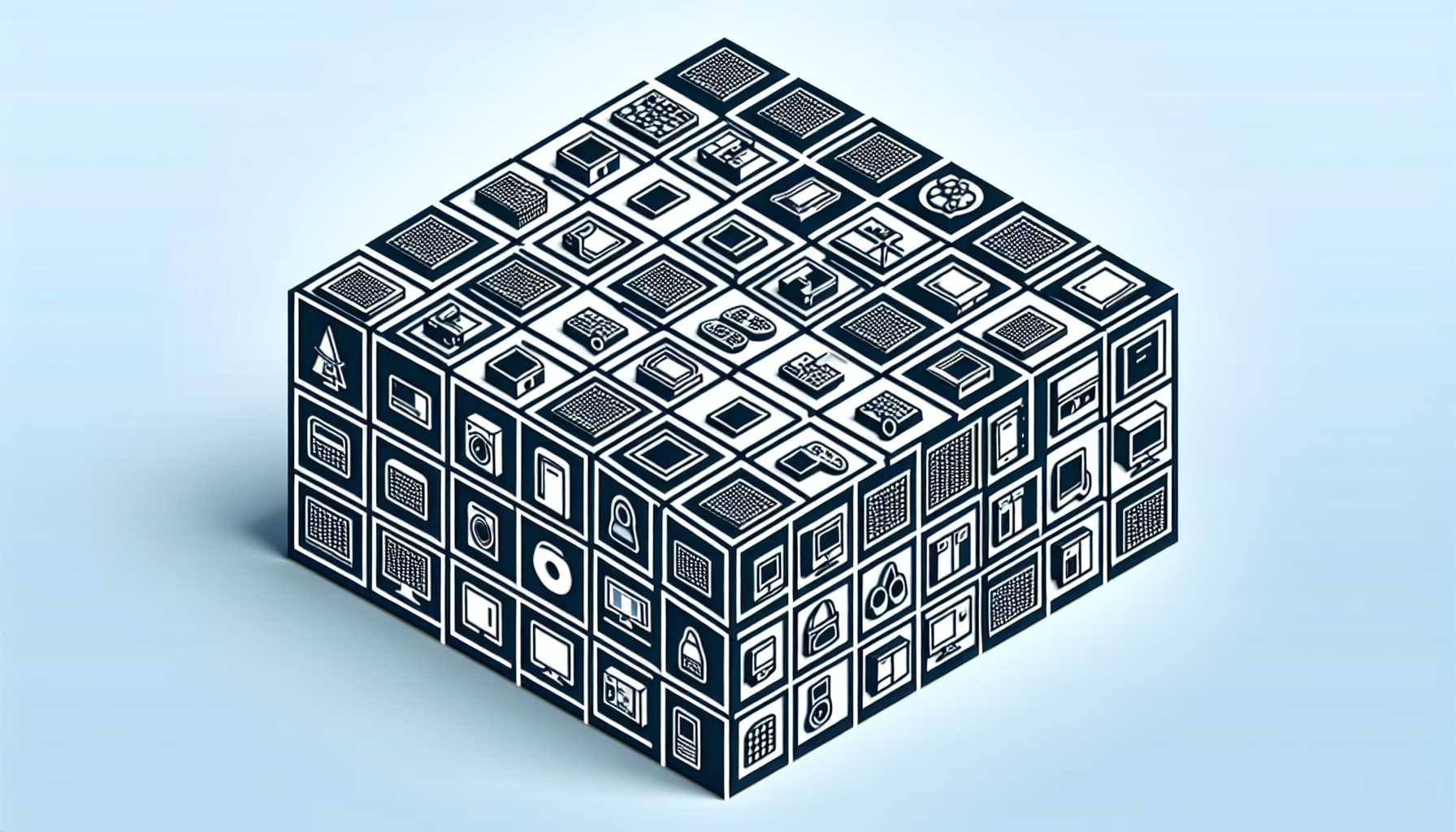 a 3D matrix of product portfolio quadrants, with various icons representing different types of products