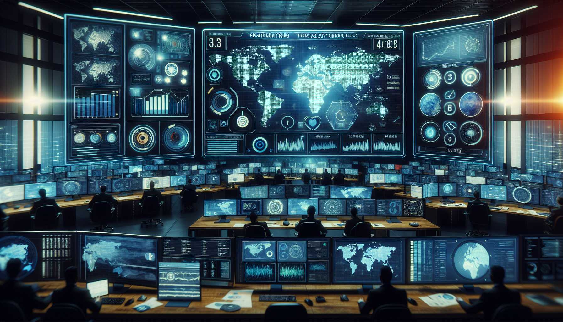 a sophisticated, modern cyber security command center interface, depicting various analytic tools and threat monitoring charts