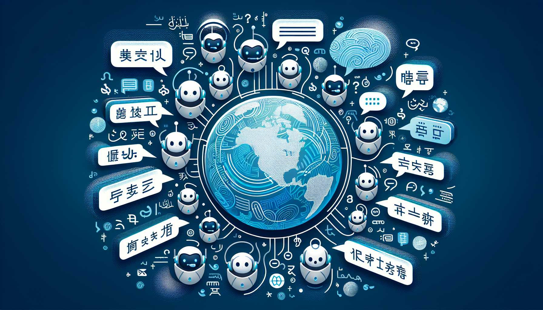 Chatbot icons with speech bubbles in several languages around a globe