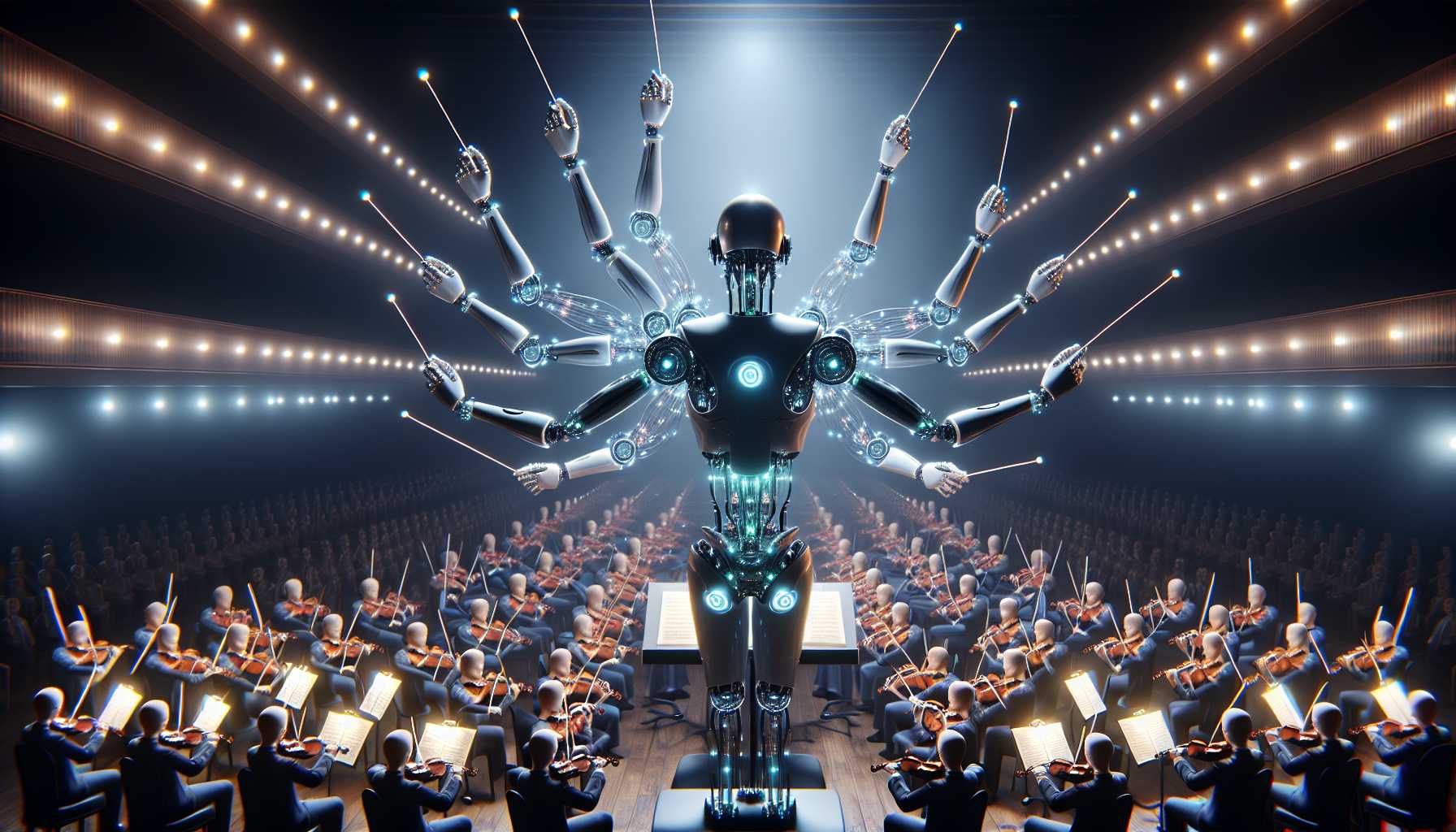 An AI conducting a symphony orchestra with robotic arms