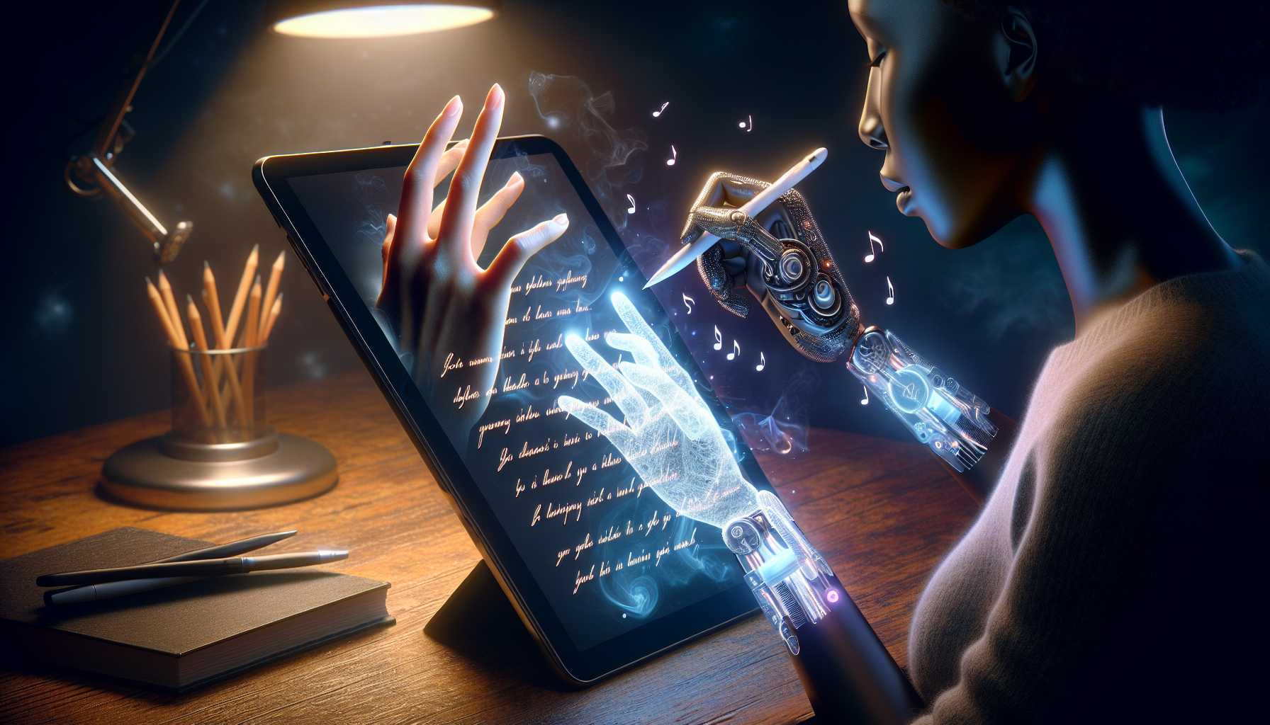 AI and human hands writing lyrics together on a digital tablet