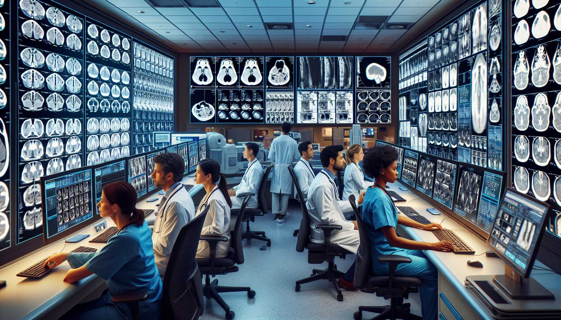 a busy radiology department with screens displaying medical images