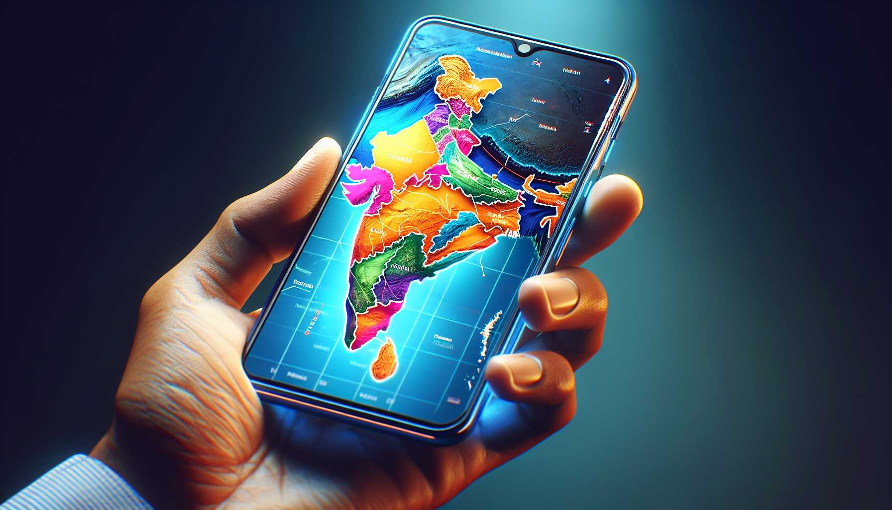 a mobile phone with a map of India on the screen