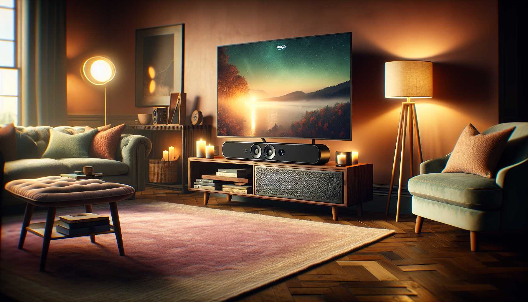 Amazon Fire TV Soundbar setup in a cozy living room