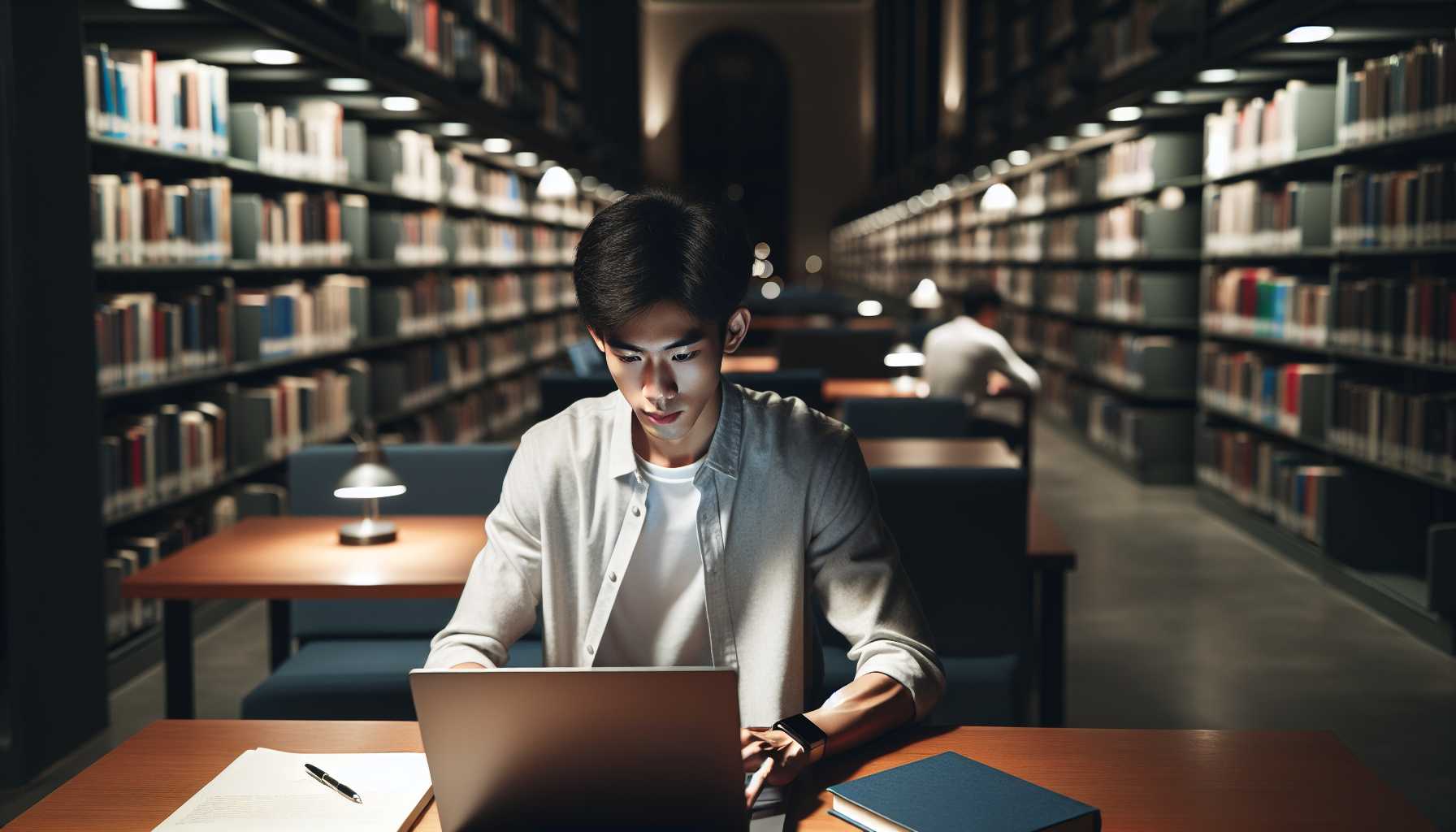 Student using an Apple MacBook Pro in a library
