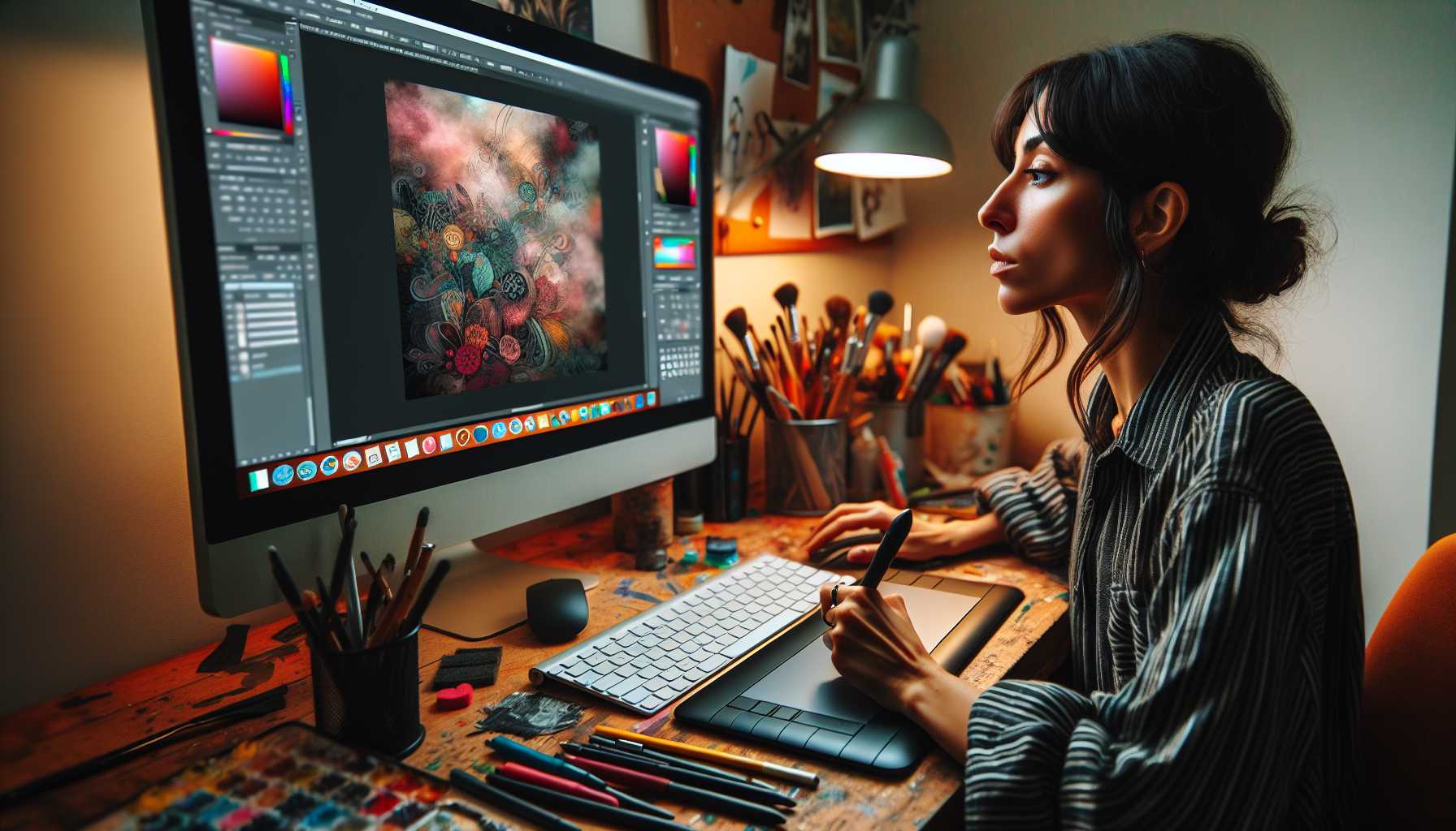 Artist editing a photo in Photoshop on a computer