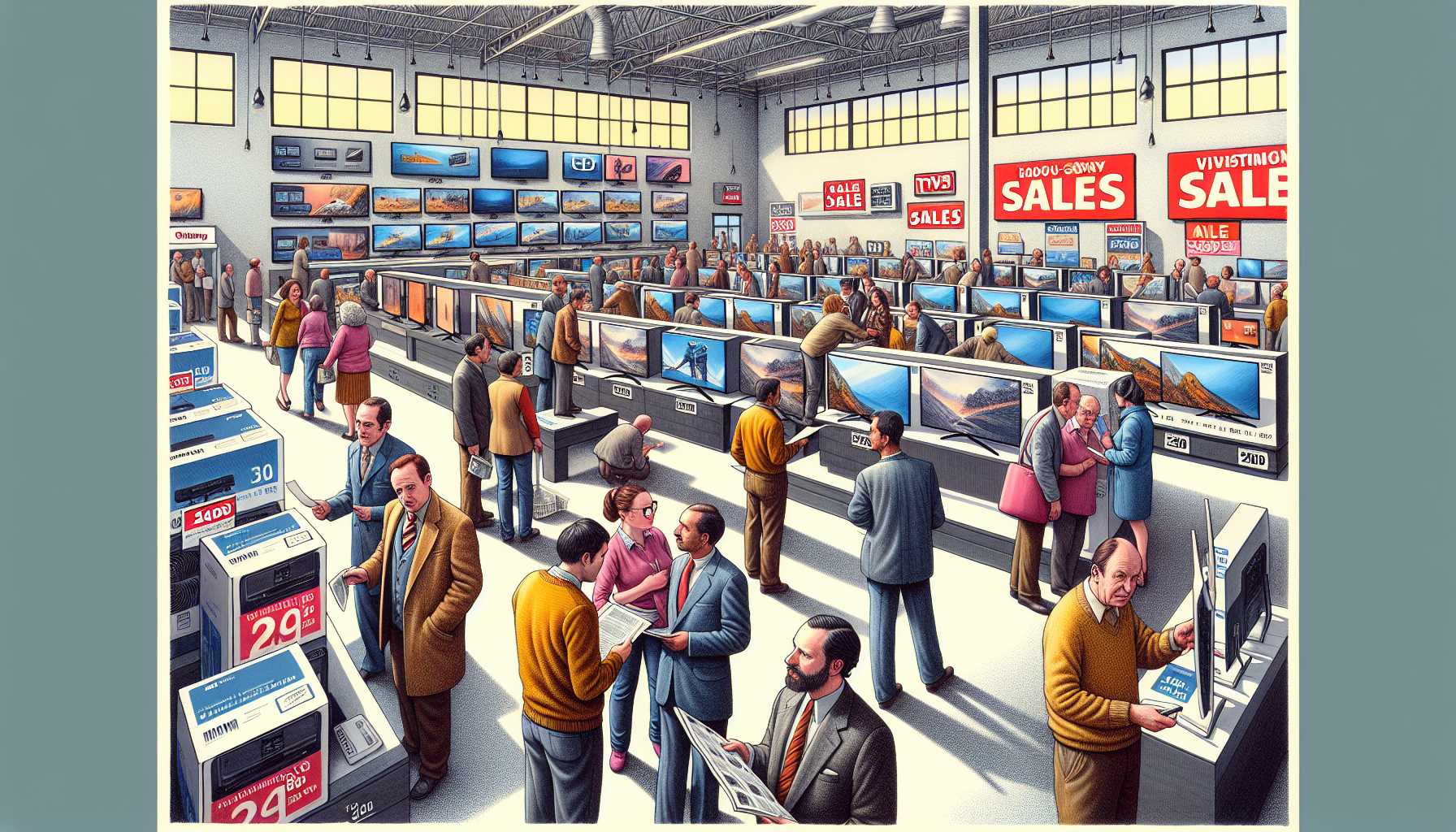 Consumer shopping TVs during sales season with a calendar in the background