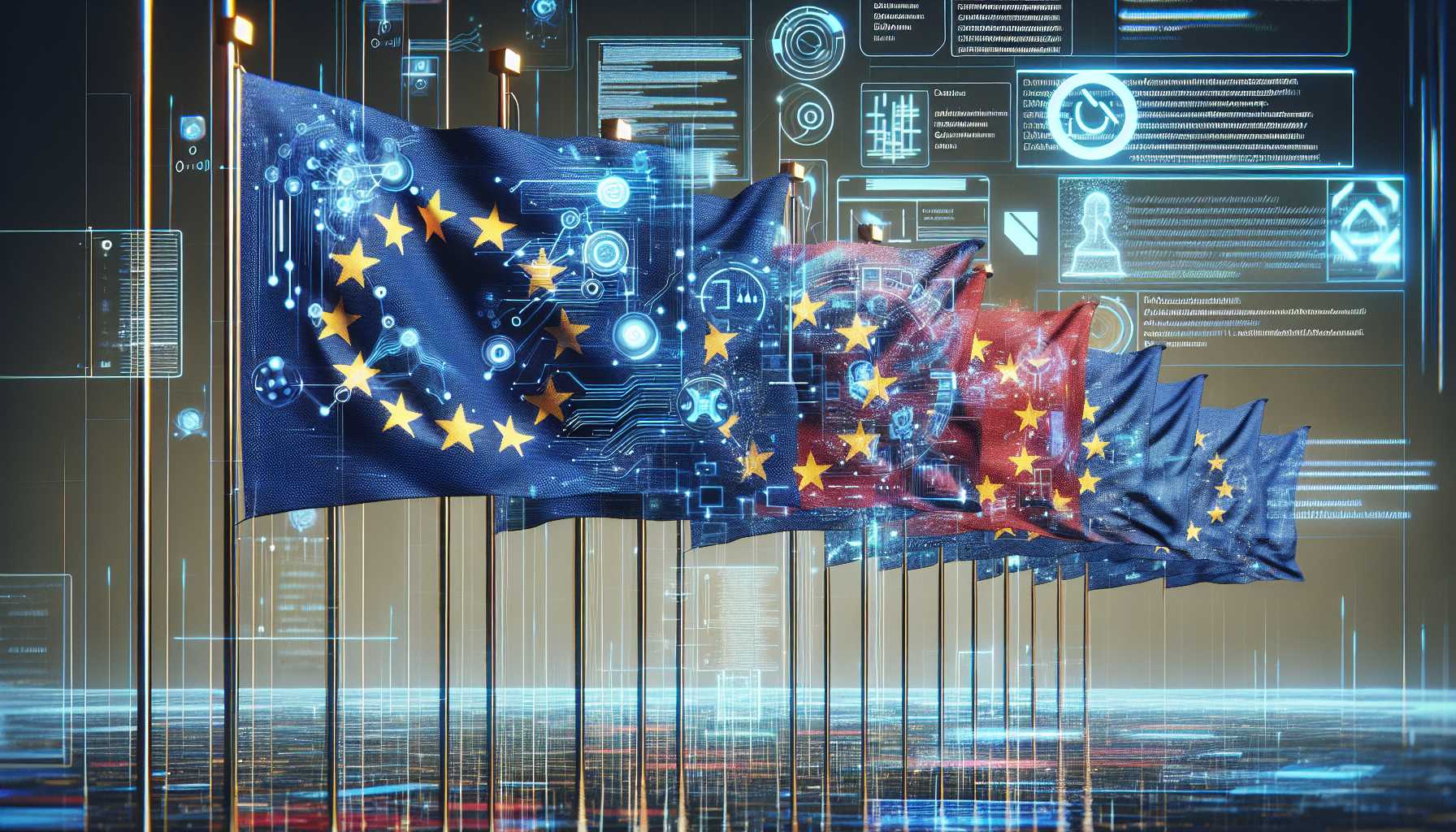 European Union flags with digital AI interface and legal documents