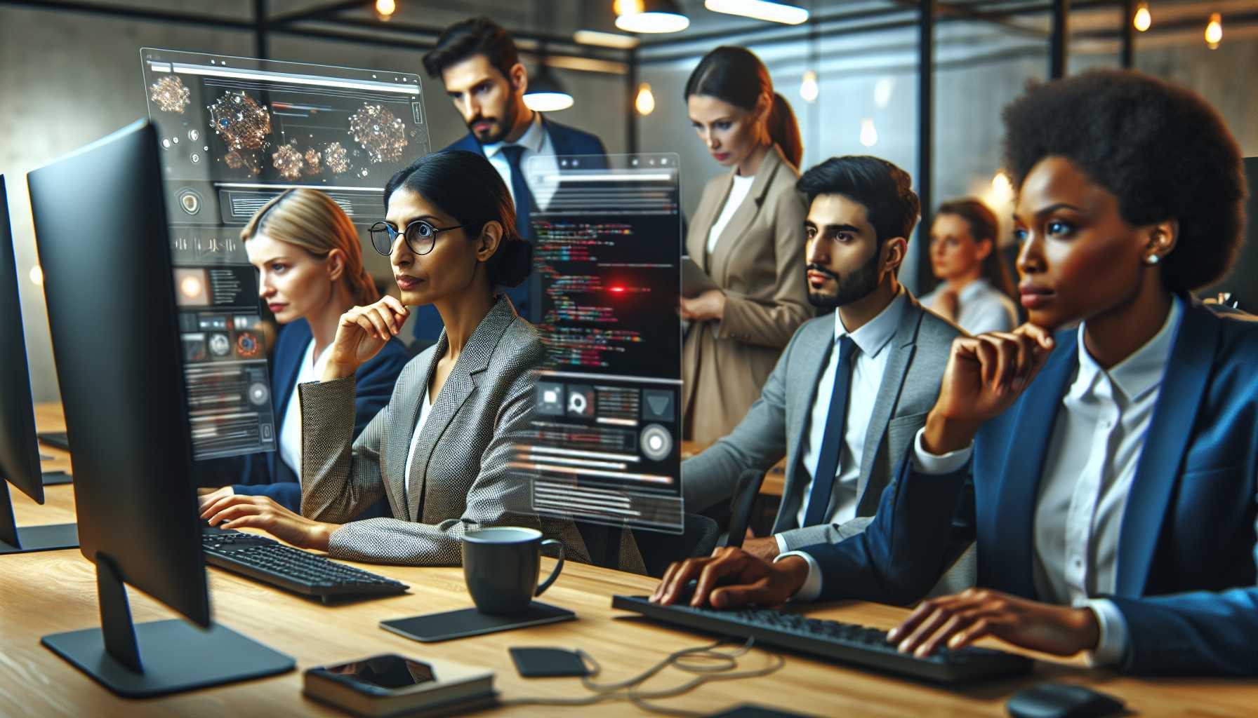 Professional workers learning new AI software on computers