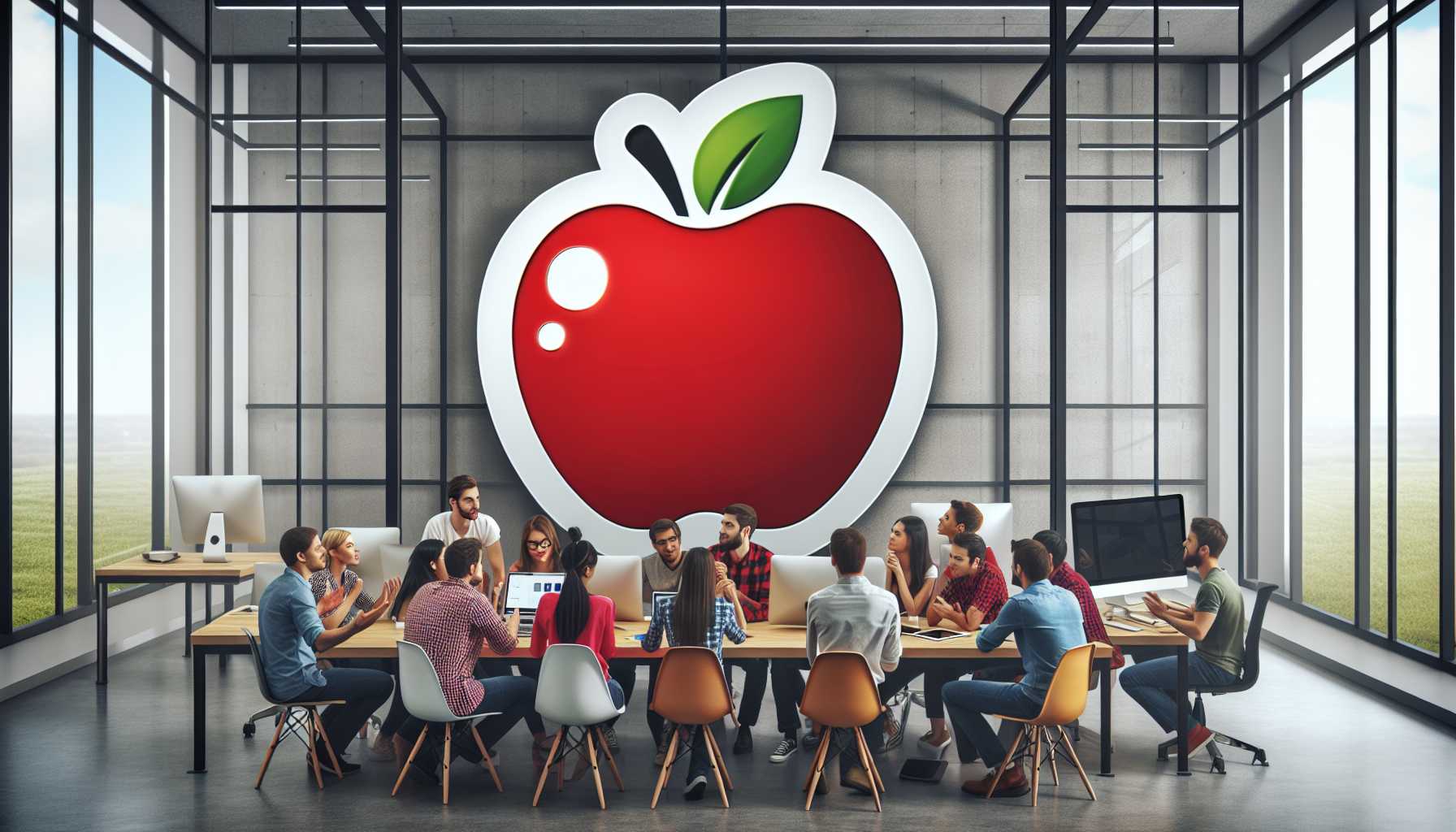 App developers discussing in front of a large Apple logo