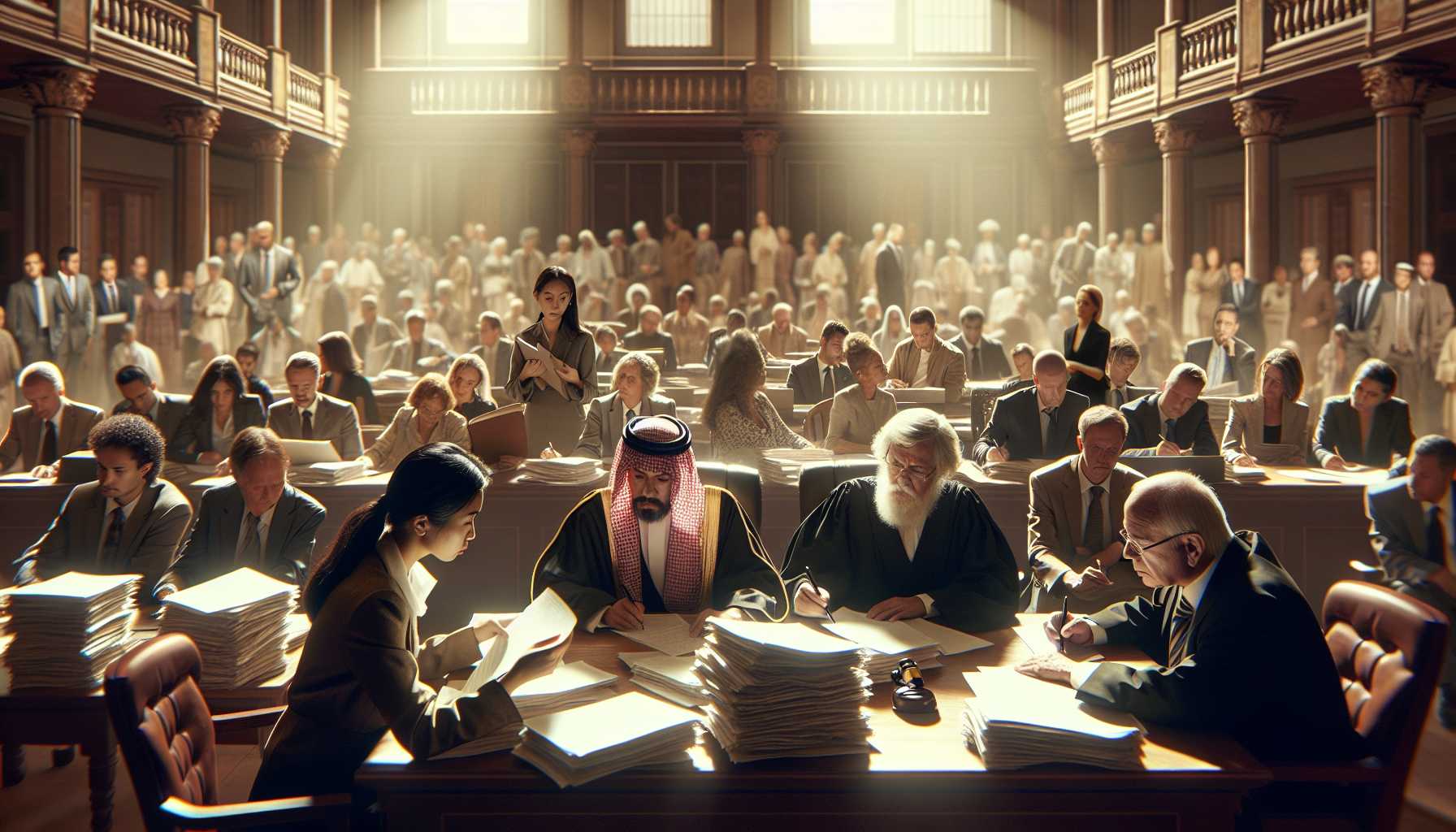 Lawmakers debating over legislation in a courtroom setting