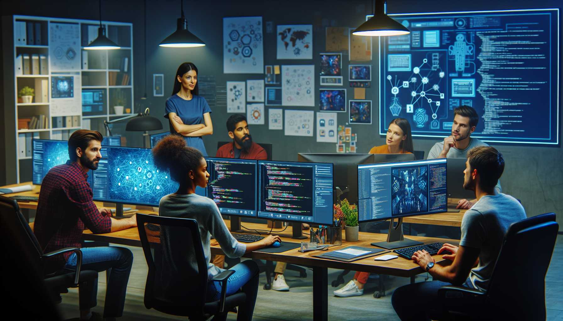 Video game developers working on computer code in an office