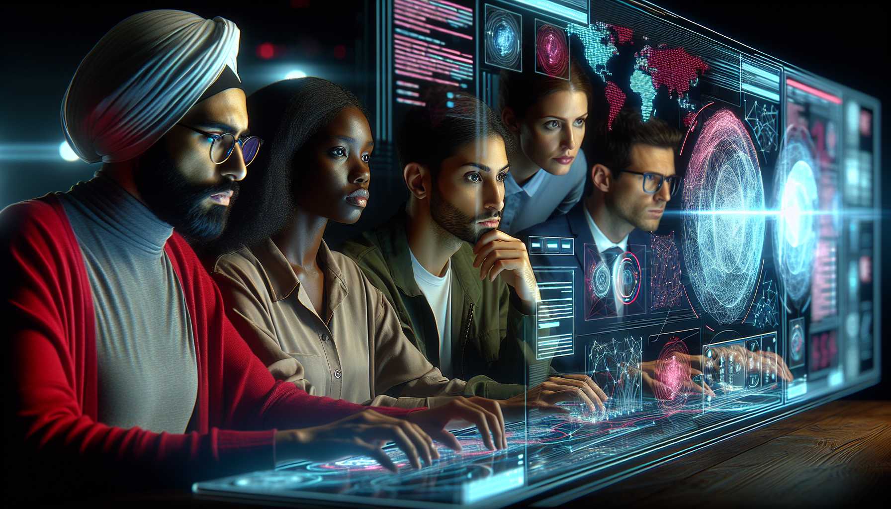 Cybersecurity experts analyzing a network vulnerability on screens