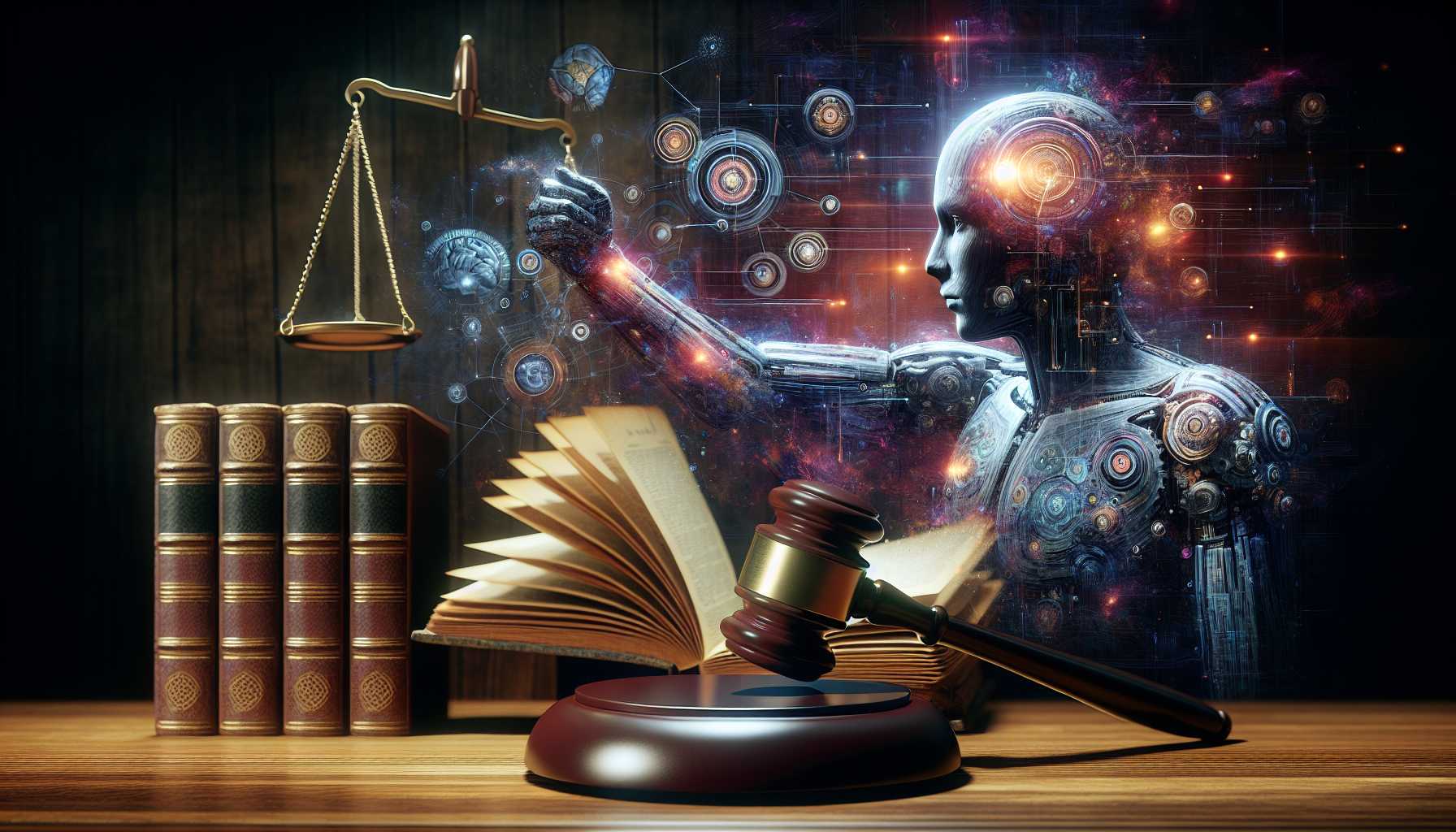 A gavel striking down on a law book with AI deepfake imagery in the background