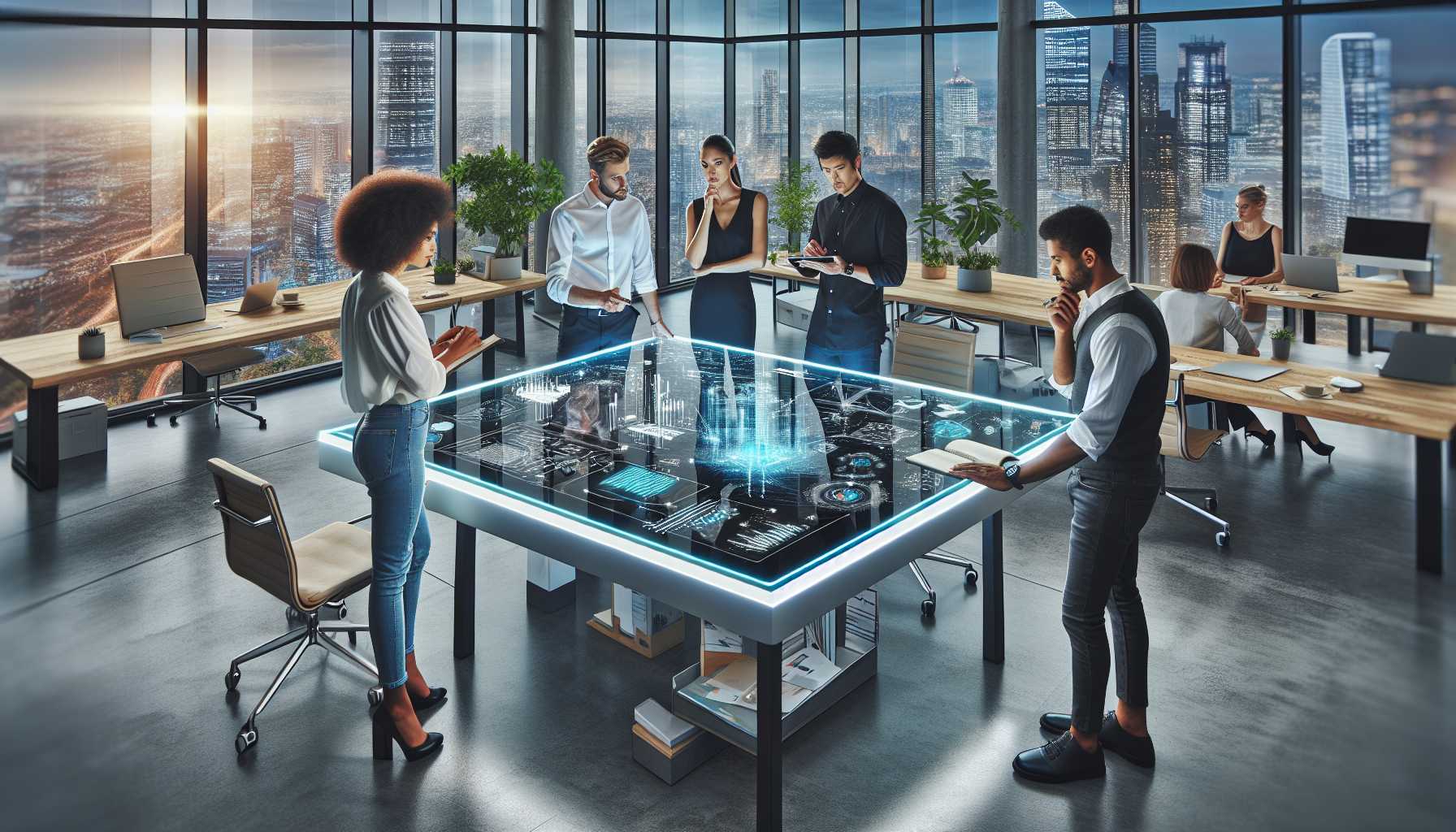 a startup team collaborating in a modern office space