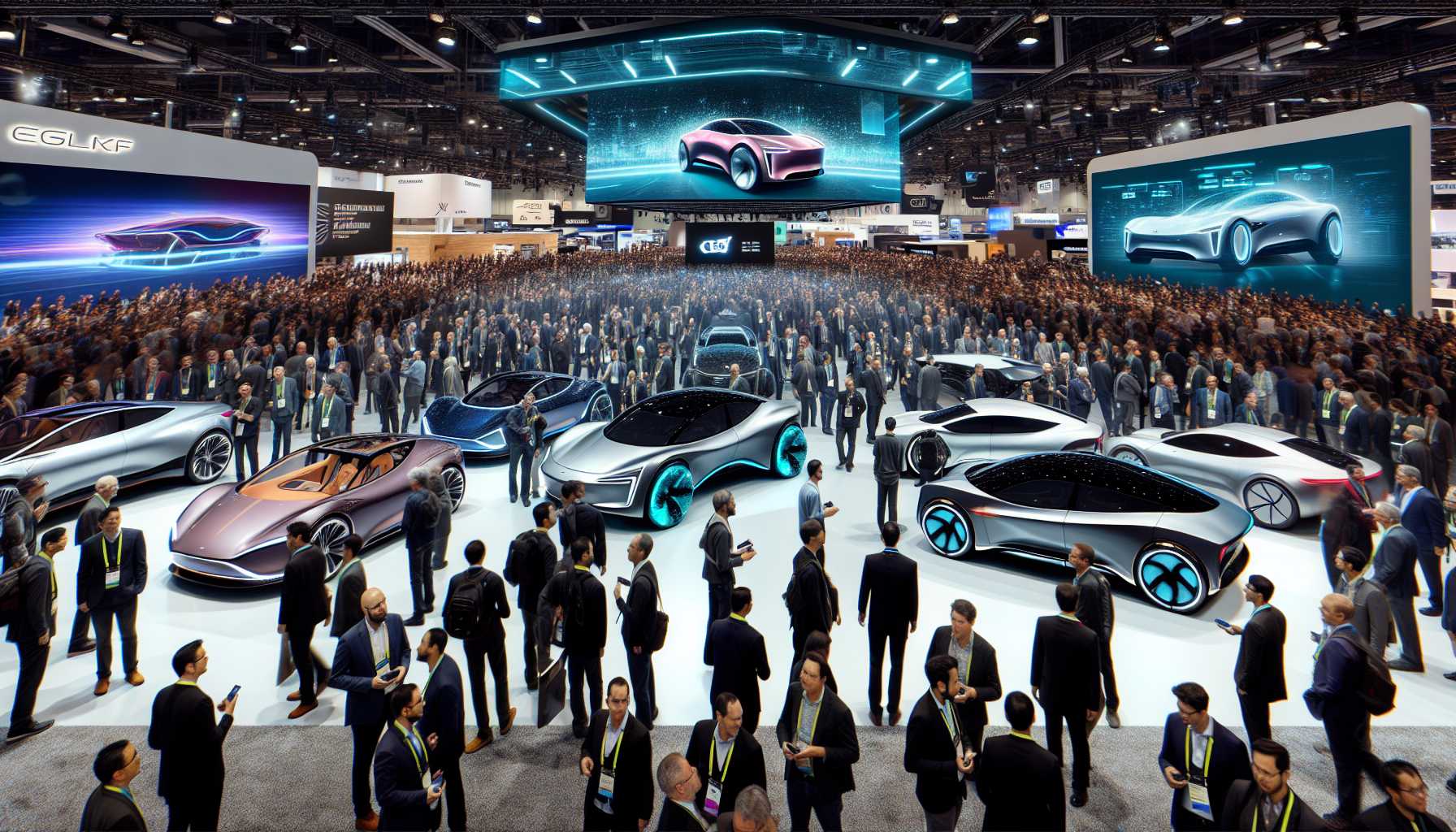 CES convention floor filled with futuristic electric cars and excited attendees