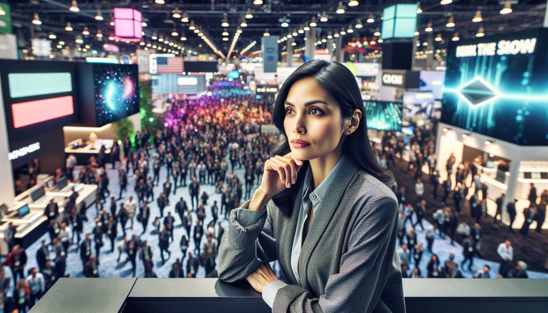 a thoughtful tech investor pondering over a bustling tech trade show like CES