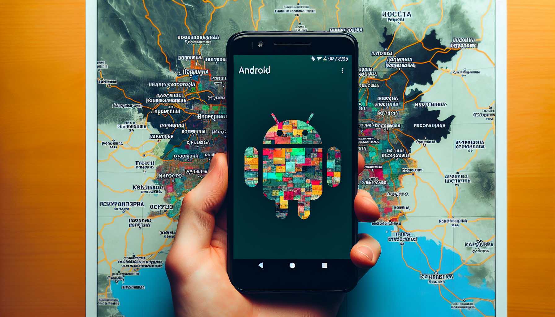 a map of Altai Krai with a mobile phone in the center, showing the popularity of Android in urban areas