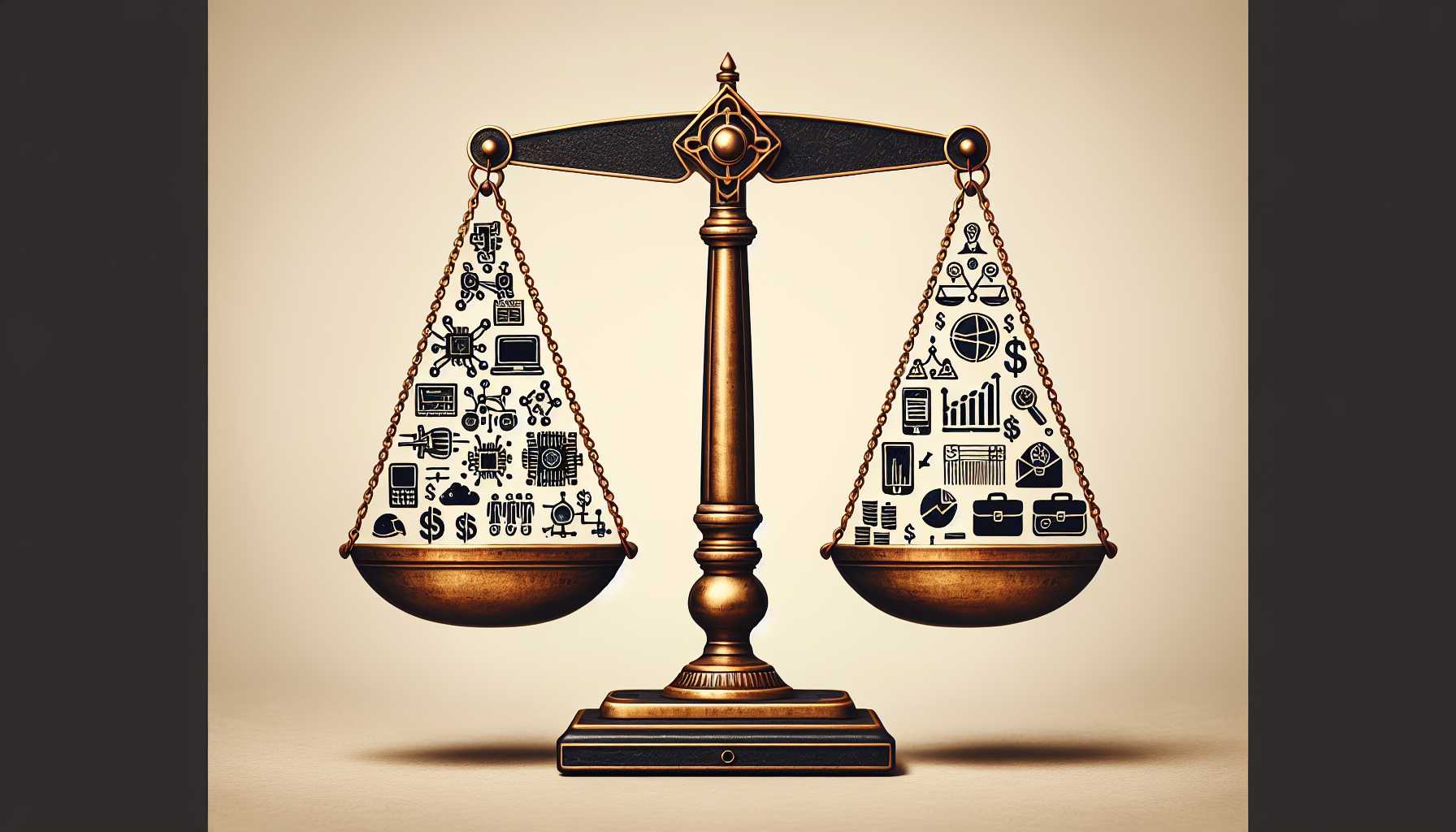 a balance scale with technical icons on one side and business icons on the other