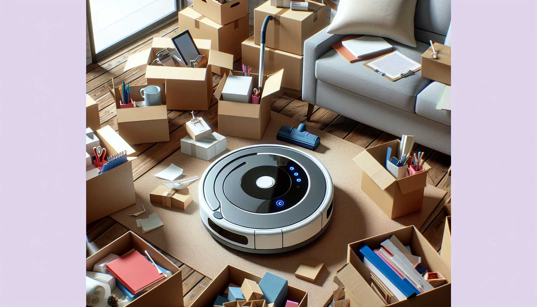 iRobot Roomba vacuum in a living space with moving boxes symbolizing company restructuring and workforce changes