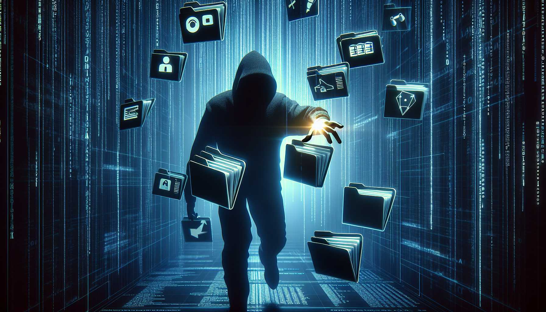 an illustrated depiction of a data breach with files being stolen