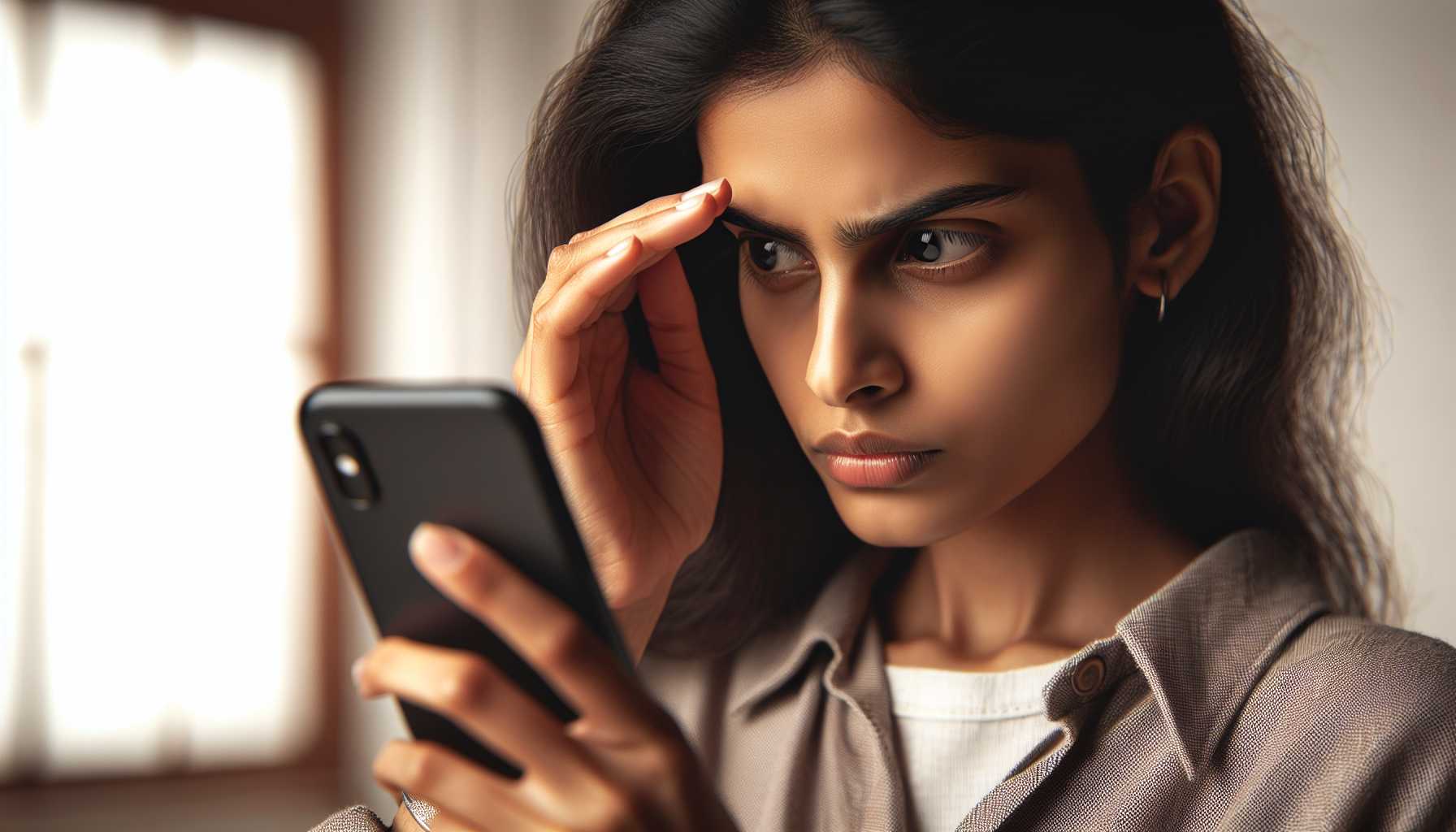 close up of skeptical consumer browsing an app on a phone